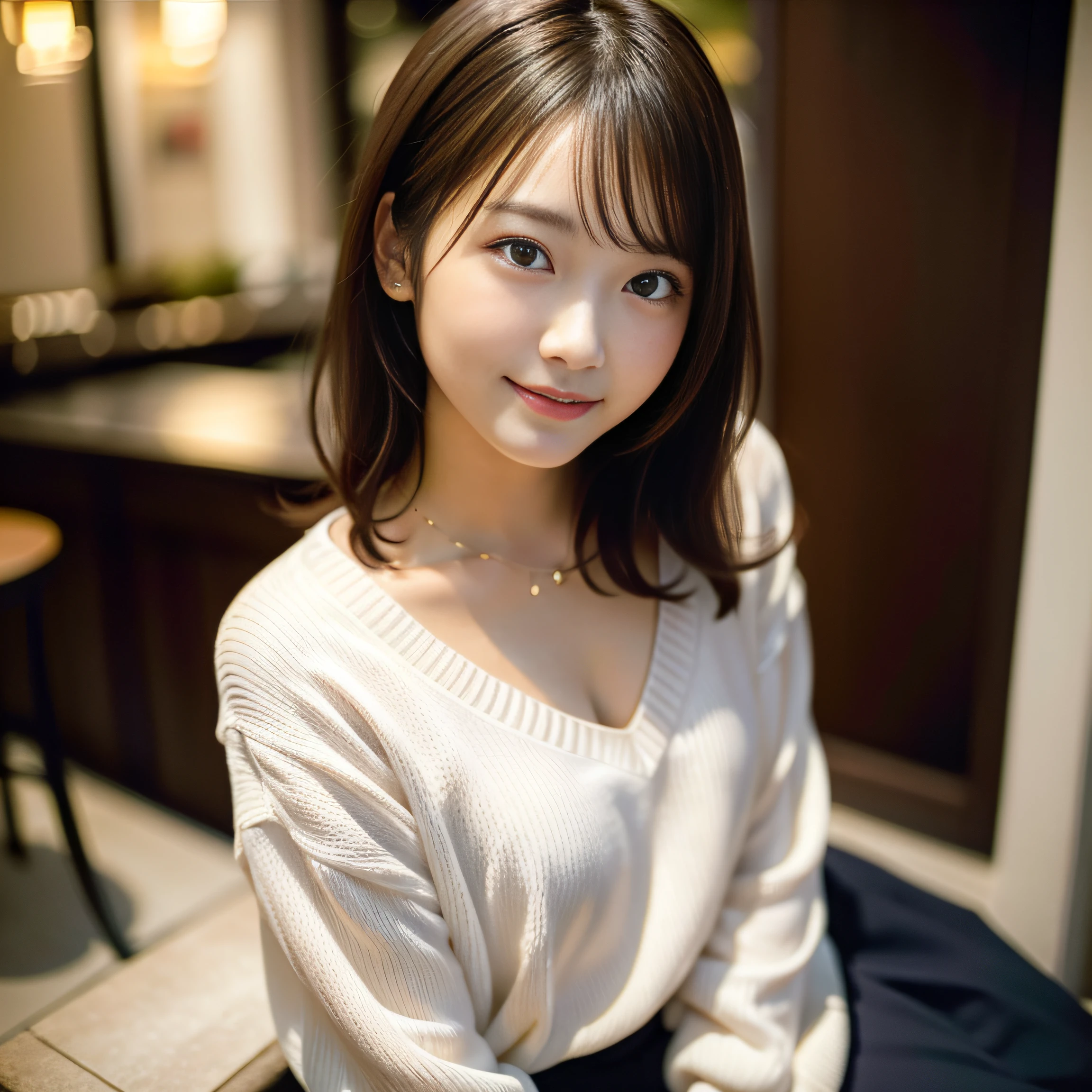 Japan girls in casual clothes、looking at the viewers、Pose with a smile(top-quality、masterpiece)))、hight resolution、ighly detailed、masterpiece、电影灯光、(8K、top-quality、masterpiece:1.2)、(realisitic、Photorealsitic:1.37) Hi-Res、The ultra-detailliert、1womanl 、nogizaka, cute face、35 year old:1.2、 独奏, Textured skin:1.2, beautiful smiling face, Detailed Cafe, natta, 电影灯光、 sitting on、Dating、(Shy smile:1.2)、Medium chest、beautiful finely detailed eyes、(Sweaters:1.1)、natta、from waist up:1.2、shorth hair