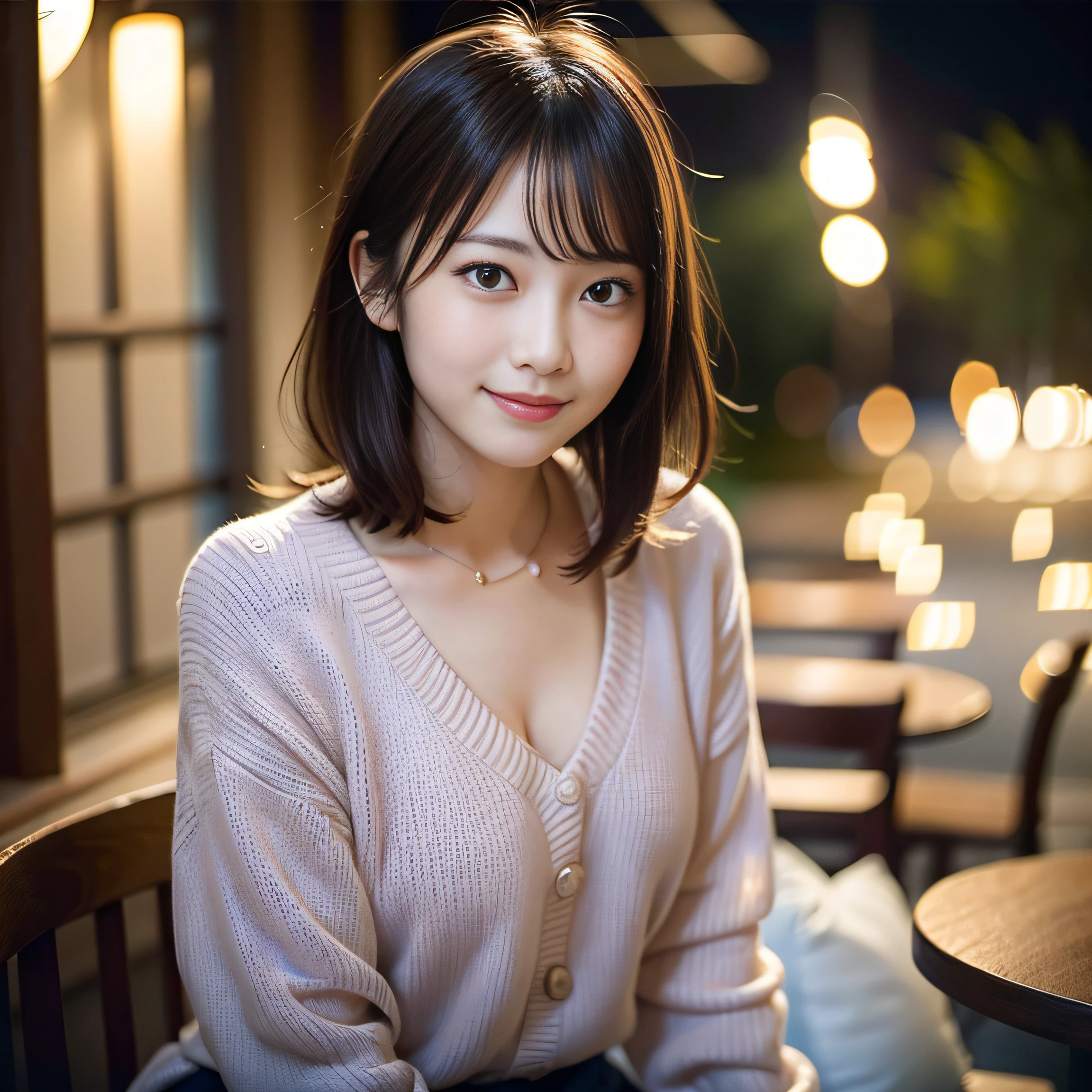 Japan girls in casual clothes、looking at the viewers、Pose with a smile(top-quality、​masterpiece)))、hight resolution、ighly detailed、​masterpiece、电影灯光、(8K、top-quality、​masterpiece:1.2)、(realisitic、Photorealsitic:1.37) Hi-Res、The ultra-detailliert、1womanl 、nogizaka, cute  face、35 year old:1.2、 独奏,  Textured skin:1.2, beautiful smiling face,  Detailed Cafe, natta, 电影灯光、 sitting on、Dating、(Shy smile:1.2)、Medium chest、beautiful finely detailed eyes、(Sweaters:1.1)、natta、from waist up:1.2、shorth hair