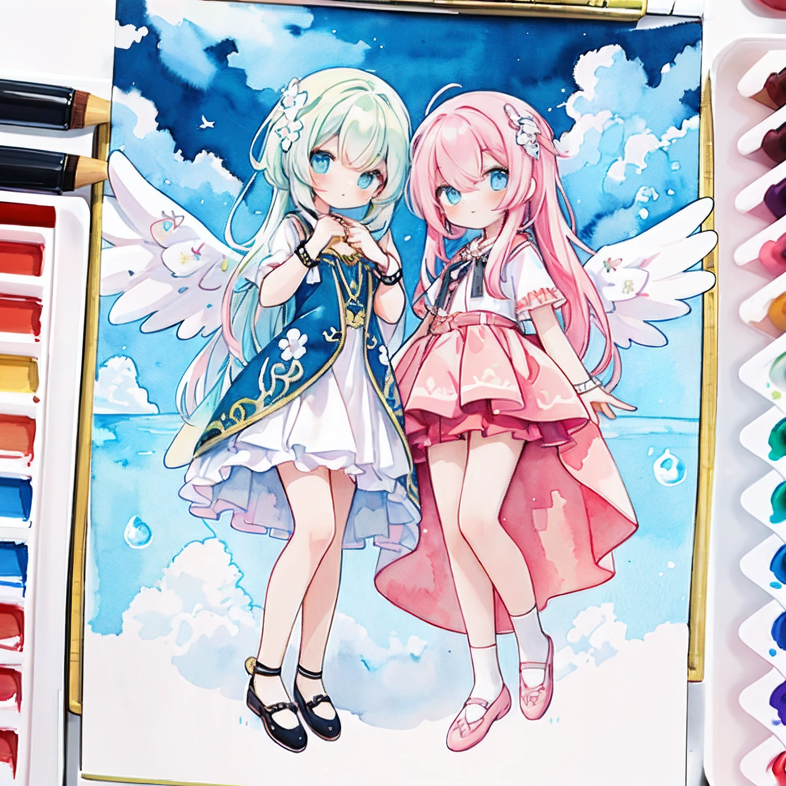 (PastelColors:1.3)、(Cute illustration:1.3)、(watercolor paiting:1.1)、
Detailed background、1girl in、Charming smile、Beautifully detailed、Moya、colourfull、marble、Particles of light、patterns、
Detailed drawing、Vibrant colors、striking contrast、intricate detailes、Delicate depiction、full body Esbian、
Beautiful facial features、God's garment、Deities、In the clouds、aureola、the angel's wings、Great Wings、cloths、Long skirt