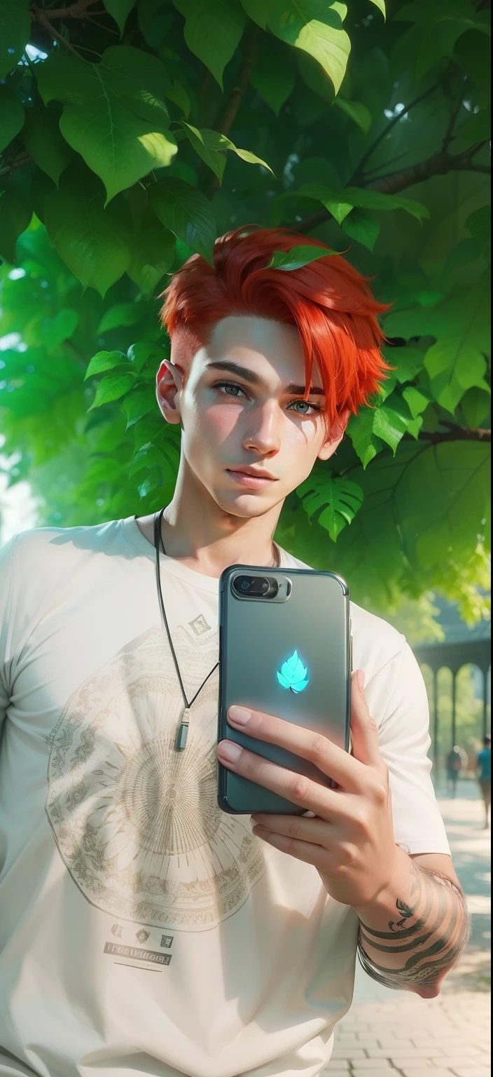 Boy with Phone futuristic leaf background realistic face, Red Hair ultra high quality HD