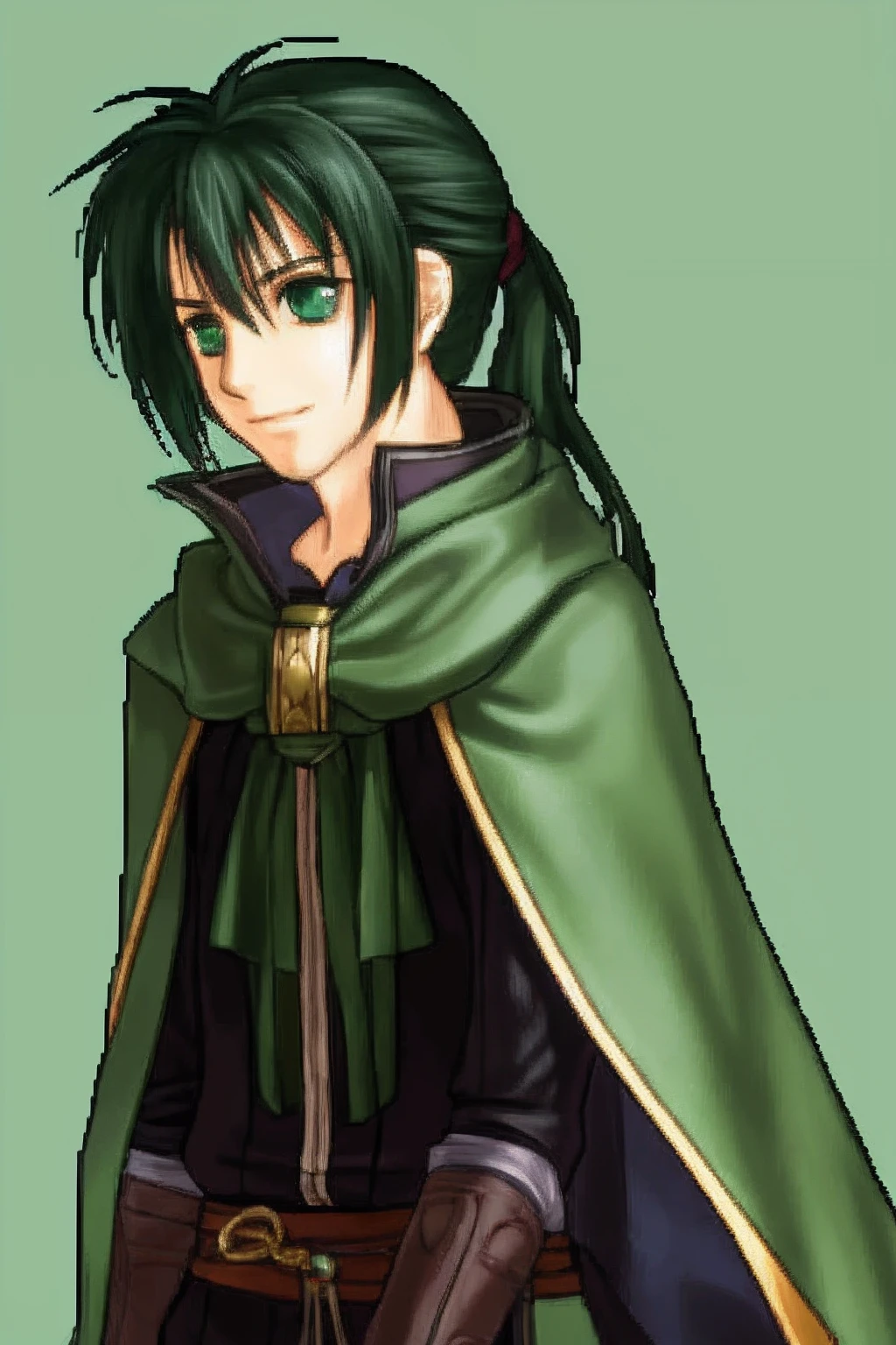 solo focus, (FE10-Style, Halfbody, No Frames:1.1), simple background, facing camera, gentle smile, young teen, Mage, large eyes, bright green eyes, dark green cloak, black hair, small ponytail, messy hair, pretty, shy appearance, boyish, black tunic, arms at sides, Soren (Fire Emblem Path of Radiance), Asbel (Fire Emblem Heroes)