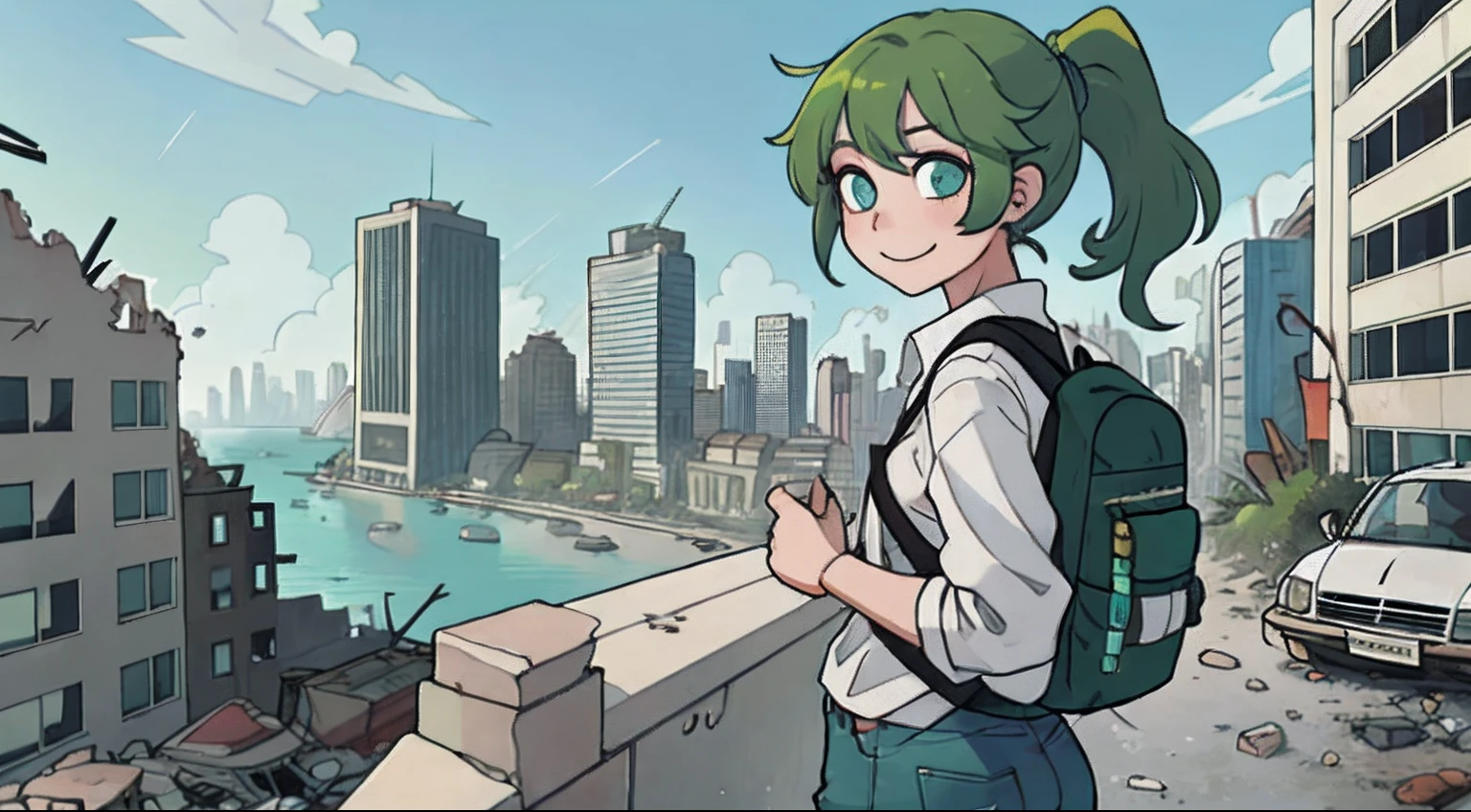 Ruins、Crumbling skyscrapers background、Sea level rise、girl with、Green hair、drooing eyes、Big Ponytail、white shirt、Skinny Jeans、backpack、A smile、blue-sky、Broken car、A lonely city、rubble、