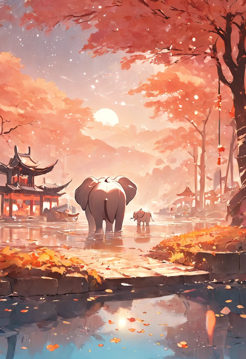 (Photorealistic:1.2), mid-autumn festival,Mid-Autumn Festival,Chinese architecture,illustratio:Hidenori Matsubara, ice river,fansty world,Dazzle,the setting sun,,tropical,elephants,o cachorrinho,A vibrant fantasy landscape, Peach blossom petals fall, Illuminated by a warm and inviting sunset, Smooth shadows and textures, and a subtle glow