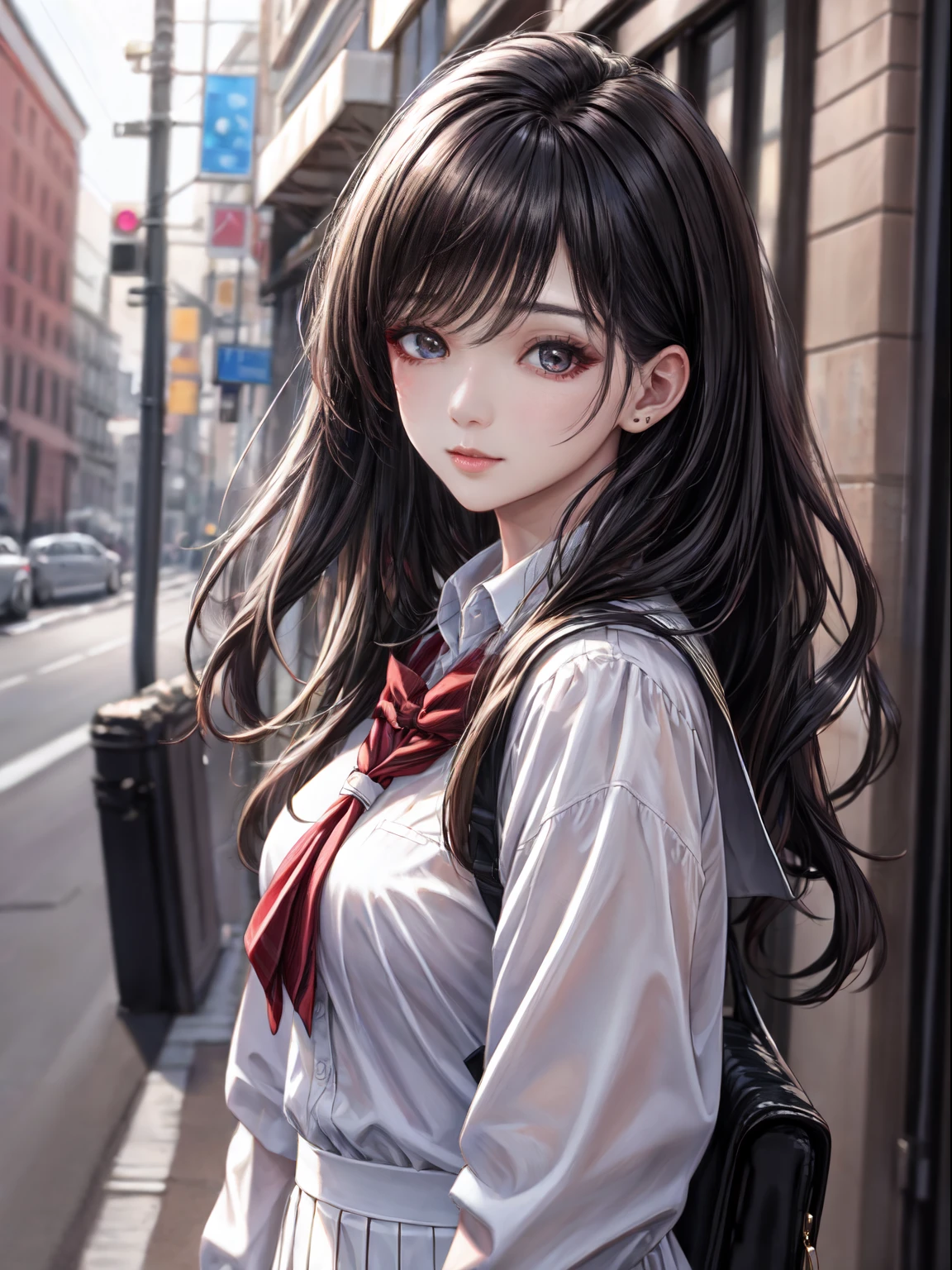 masterpiece , high resolution , 8k best quality , realistic detailed , 1woman , long black hair , silky hair , brown sharp eyes , attractive eyes , wearing a school dress , white school dress