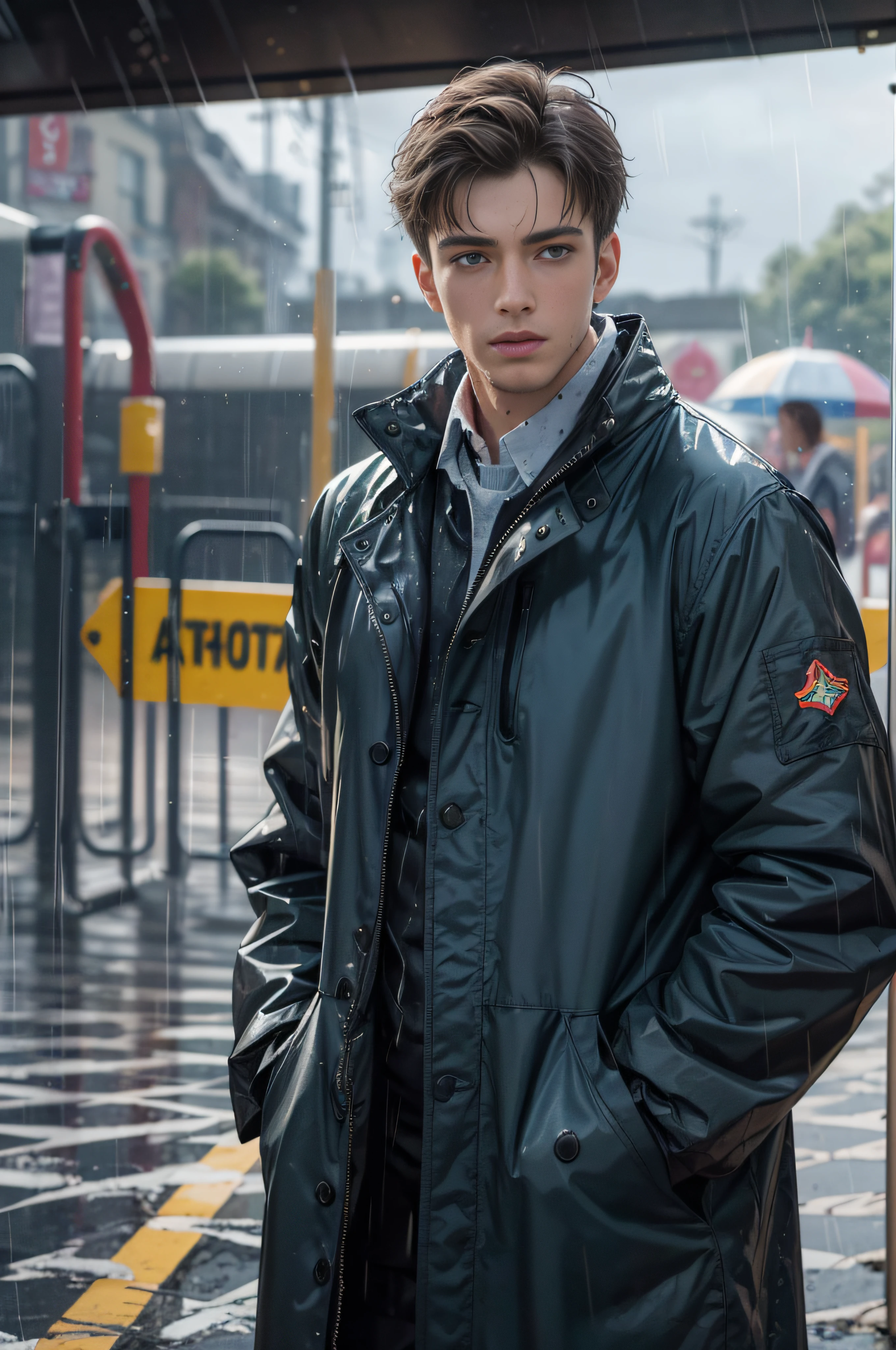 On the plastic track, on the school playground, heavy rain (high resolution, distinct_image) superb man, masterpiece, high detail, semi-realistic, brown short hair man, brown hair, short hair, medium hair, 18 years old, young, tall and strong, blackened coat, gray-blue clothes, students, college, dashing, natural, handsome, authoritarian, powerful aura, exquisite facial features, facial details, man standing on a huge playground, the sky is raining heavily, rain mixed with sweat on the man's body, school playground, The background is on a plastic track
