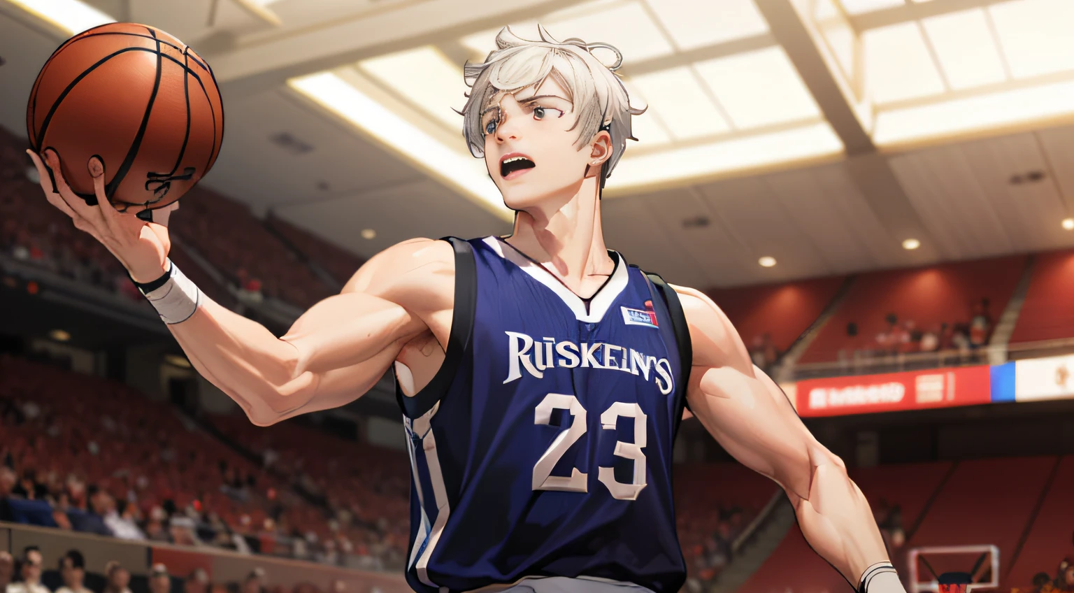 (4K, Best picture quality, A high resolution:1.1), (Masterpiece:1.1),Basketball courtside,A basketball student,schoolboy,Tall,musculous,Basketball jersey,white color hair,Ridicule,Point your finger at your head,Clear facial expression details