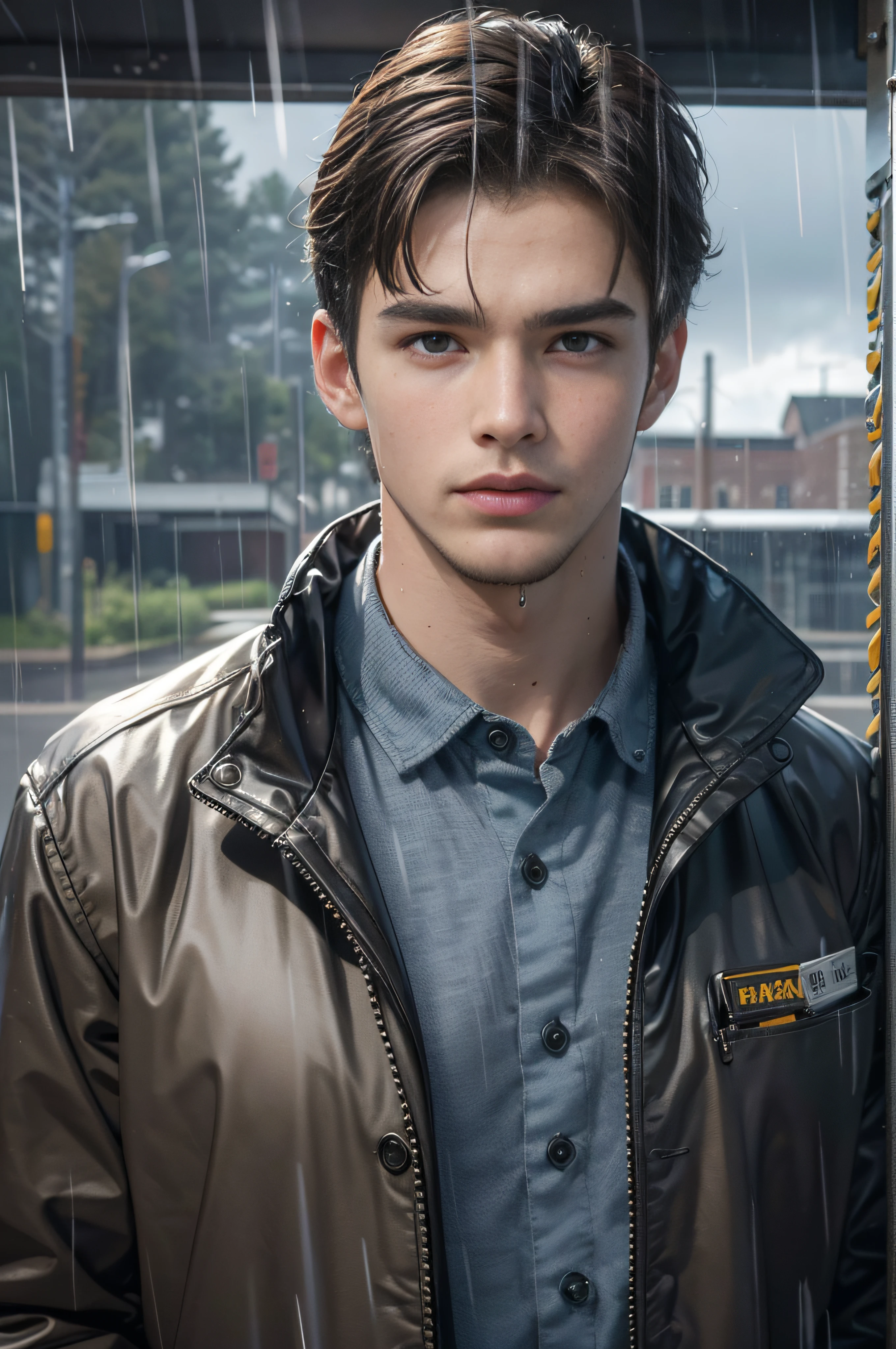 On the plastic track, on the school playground, heavy rain (high resolution, distinct_image) superb man, masterpiece, high detail, semi-realistic, brown short hair man, brown hair, short hair, medium hair, 18 years old, young, tall and strong, blackened coat, gray-blue clothes, students, college, dashing, natural, handsome, authoritarian, powerful aura, exquisite facial features, facial details, man standing on a huge playground, the sky is raining heavily, rain mixed with sweat on the man's body, school playground, The background is on a plastic track