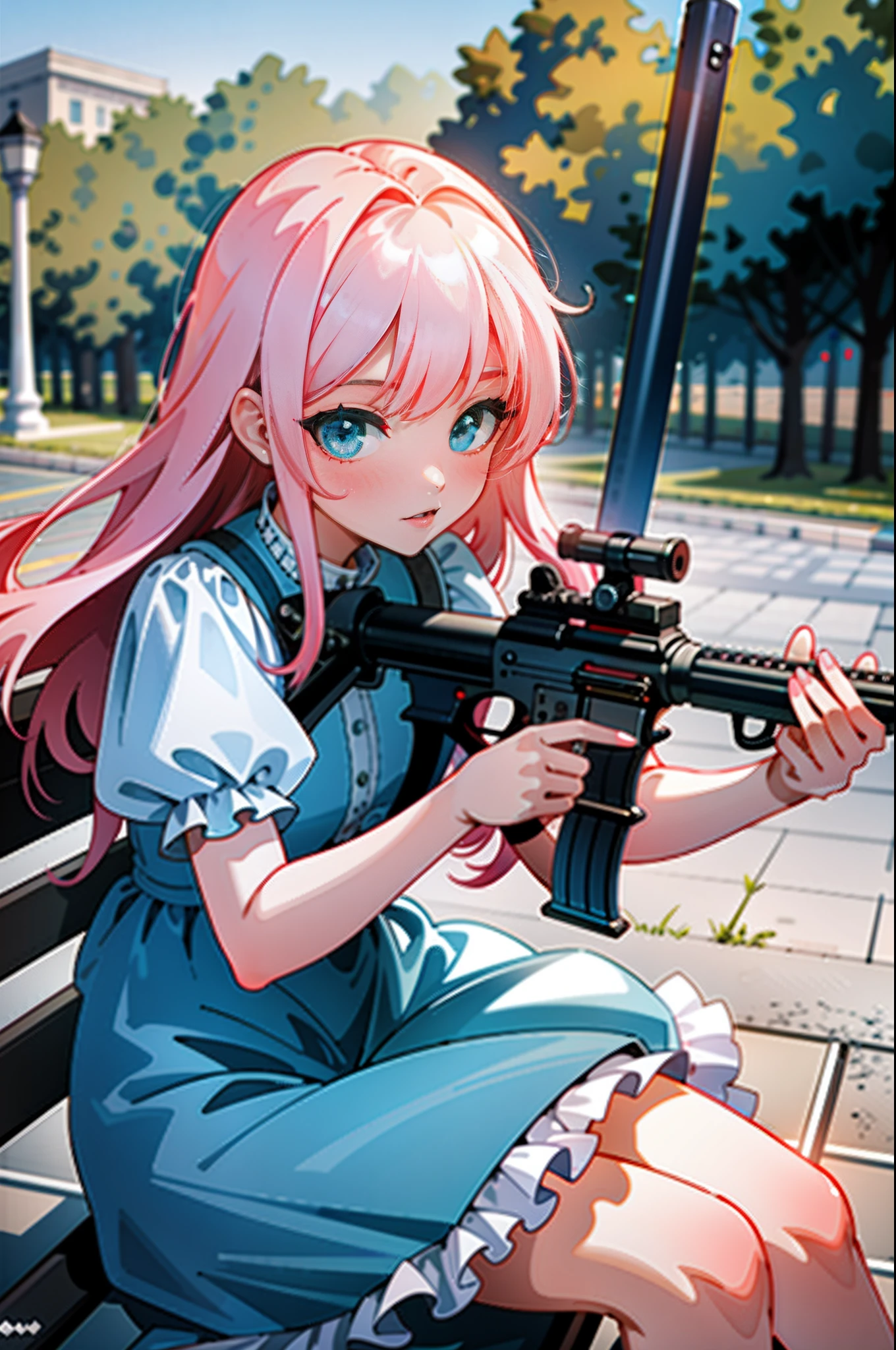 (Masterpiece:1.2), Best quality, A high resolution, Original, (Extremely detailed:1.2), Ultra-detailed, the wallpaper, Perfect lighting,(Extremely detailed CG:1.2), 8K, illustration,1girll, Solo, Pink hair, Delicate blue eyes, Delicate face, ({Delicate|Detailed|Short-sleeved}dress:1.19), Shiny clothes, ({Detailed|Delicate}Uzi machine gun:1.2), holding gun, Aim for, (aiming at viewer), Sit on a stone bench, Close-up, park, day