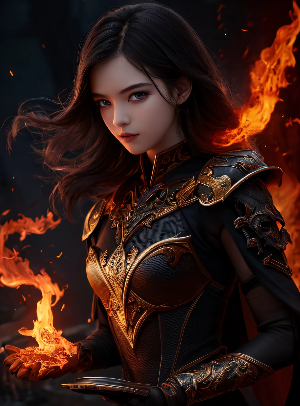1girl,solo,masterpiece, best quality,fantasy,dark,shadow,
face is important,boy is important,eyes are important,rThe character is the main body of the work,(upper body),
flames,ruins, swirling magic,