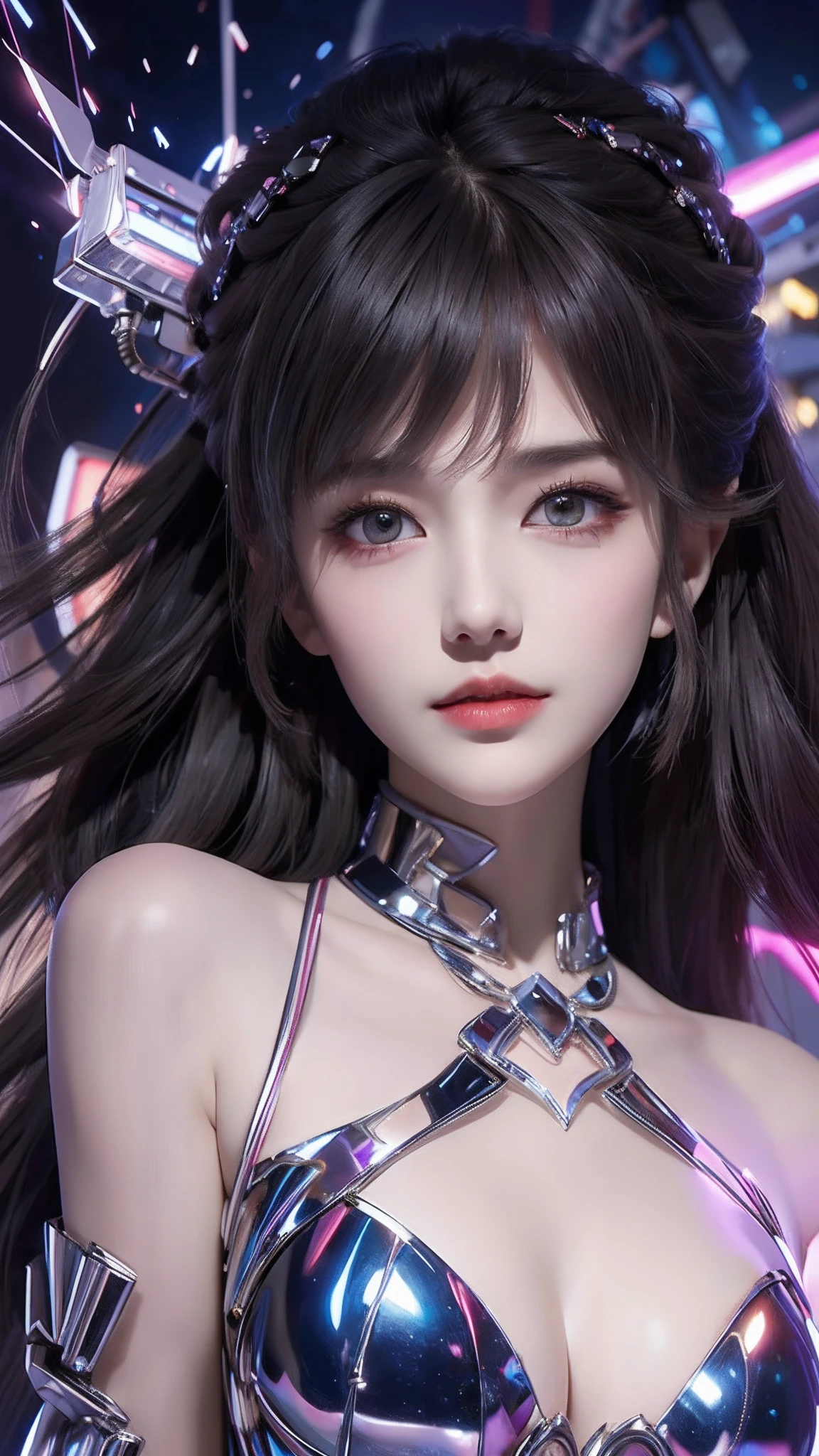 4k ultra hd, masterpiece, high details, a girl, cute face, detailed eyes, long hair, detailed lips, medium breasts, lights on dress, Cyberpunk dress, neon lights burning on dress, neon breasts, bare waist, electric current running on body, electric wire connected on body and burning lights, wire connected on head, wire connected on hand, wire on breasts, mechanical parts connected on breasts, lightning mechanical parts connected on hand and hair, many wires connected on head, body stucked by cable connected wires, electric shocking effect, mechanical lights burning on body, body burning by lights, lights burning on hair, magical light effect on body, aura effect, glowing effect, direct-x 2.0 visual effect, high graphic night lights, spreading light, light reflection, light reflection on road, everywhere spreading red lights, neon lights, whole body capture,