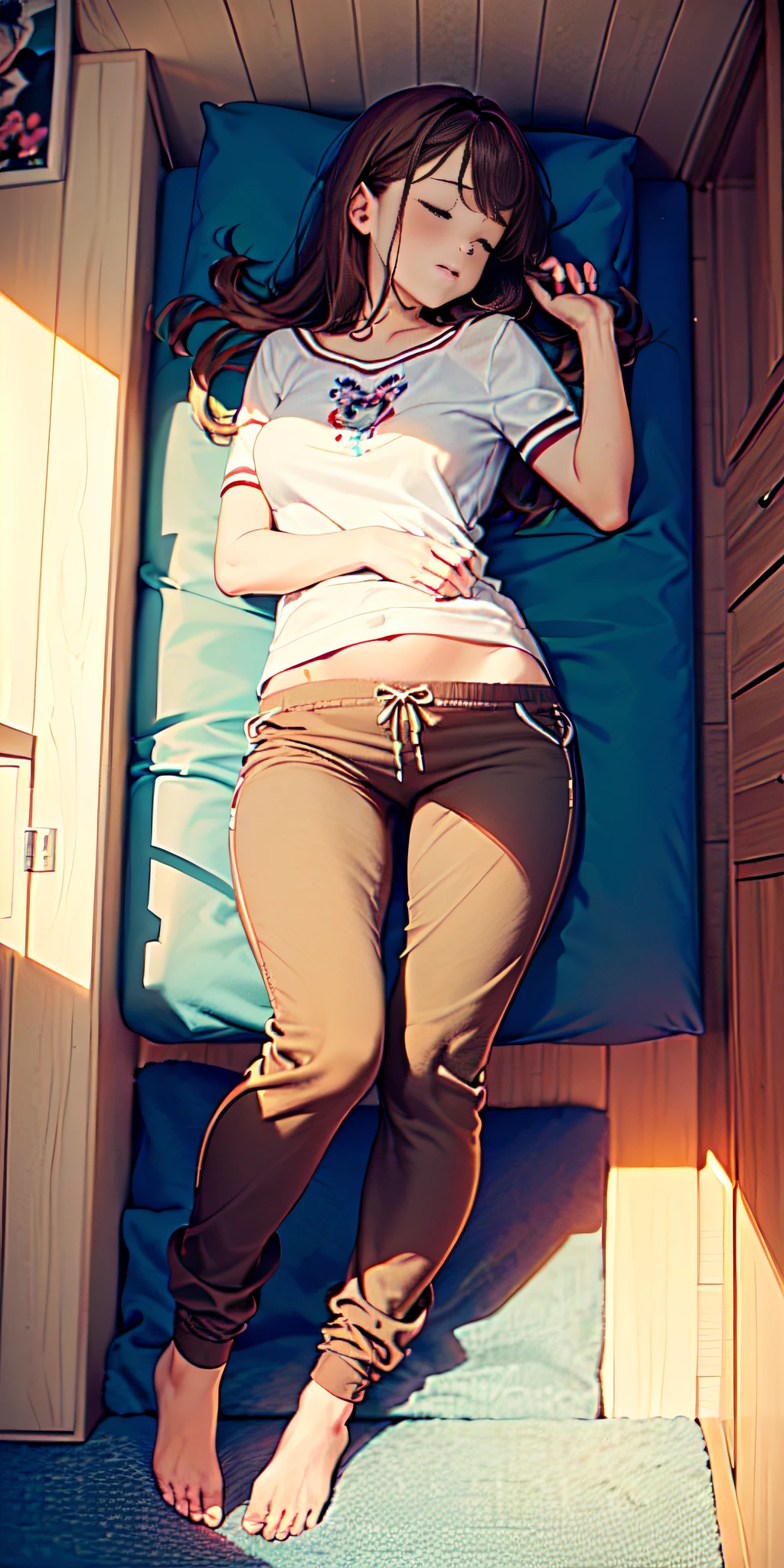 ((Sleeping girl, 22year old, realista, lleva pantalones largos, lleva pijama rosa, brown-hair))