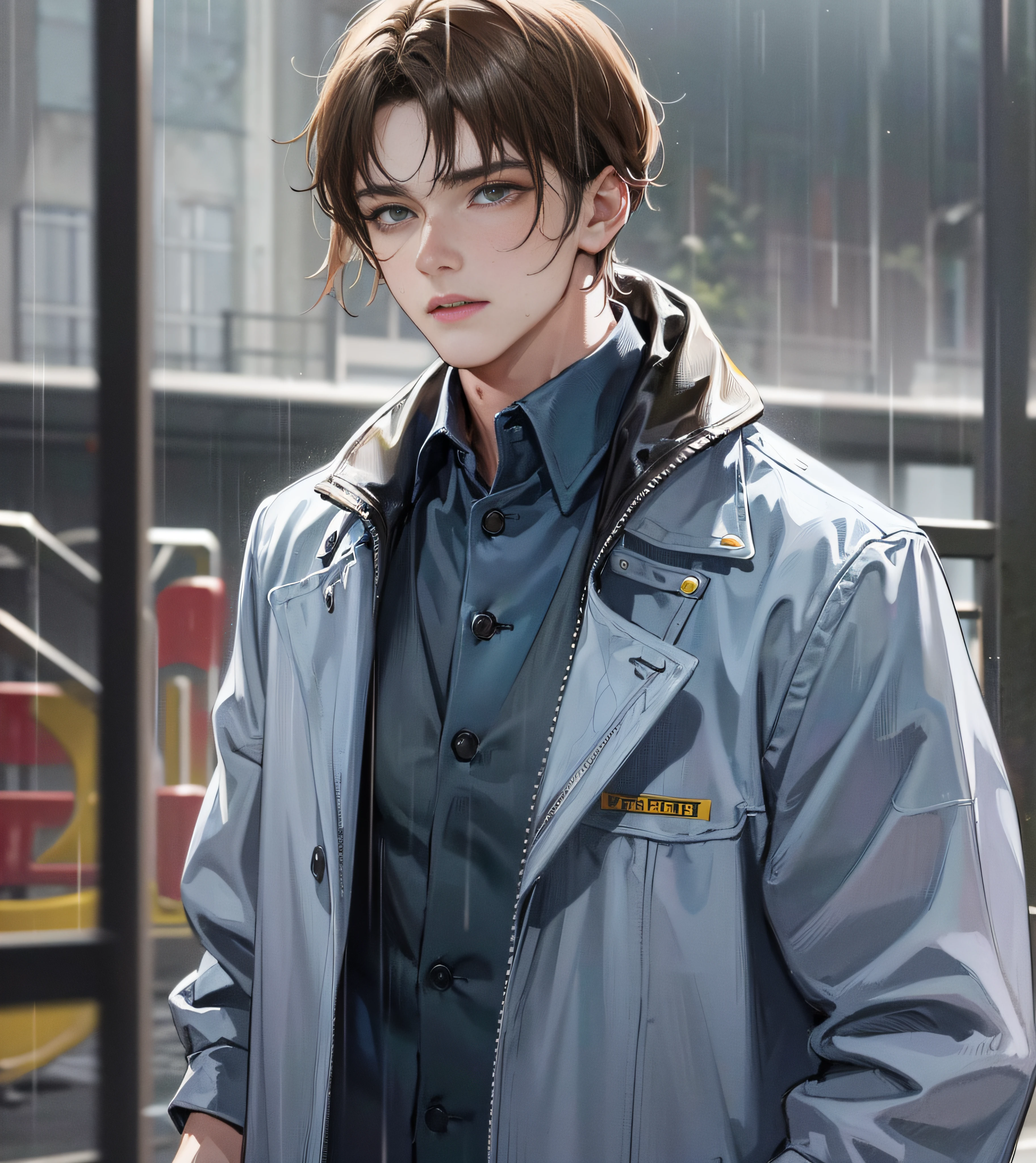 On the plastic track, on the school playground, heavy rain (high resolution, distinct_image) superb man, masterpiece, high detail, semi-realistic, brown short hair man, brown hair, short hair, medium hair, 18 years old, young, tall and strong, blackened coat, gray-blue clothes, students, college, dashing, natural, handsome, authoritarian, powerful aura, exquisite facial features, facial details, man standing on a huge playground, the sky is raining heavily, rain mixed with sweat on the man's body, school playground, The background is on a plastic track