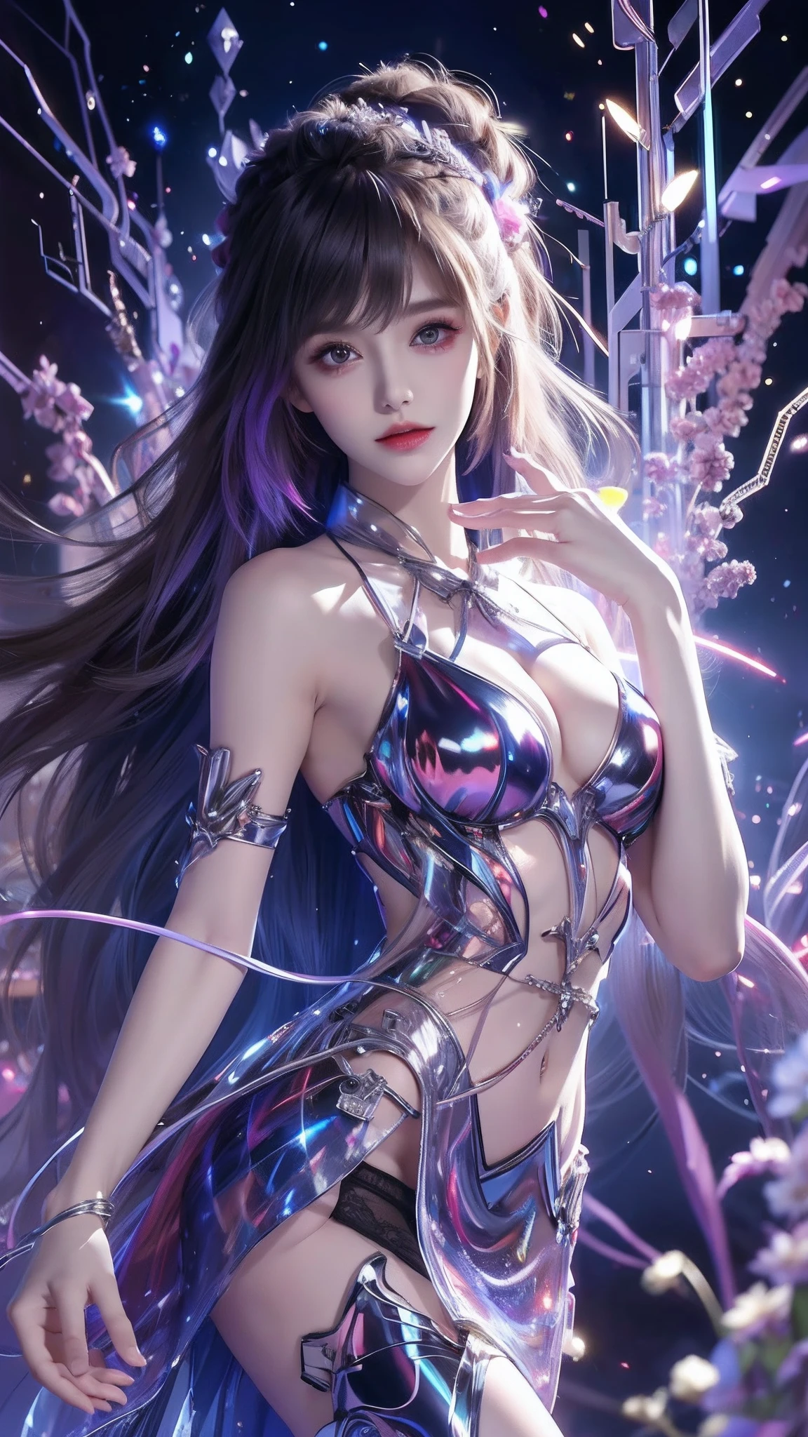 4k ultra hd, masterpiece, high details, a girl, cute face, detailed eyes, long hair, detailed lips, medium breasts, lights on dress, Cyberpunk dress, neon lights burning on dress, neon breasts, bare waist, electric current running on body, electric wire connected on body and burning lights, wire connected on head, wire connected on hand, wire on breasts, mechanical parts connected on breasts, lightning mechanical parts connected on hand and hair, many wires connected on head, body stucked by cable connected wires, electric shocking effect, mechanical lights burning on body, body burning by lights, lights burning on hair, magical light effect on body, aura effect, glowing effect, direct-x 2.0 visual effect, high graphic night lights, spreading light, light reflection, light reflection on road, everywhere spreading red lights, neon lights, whole body capture,