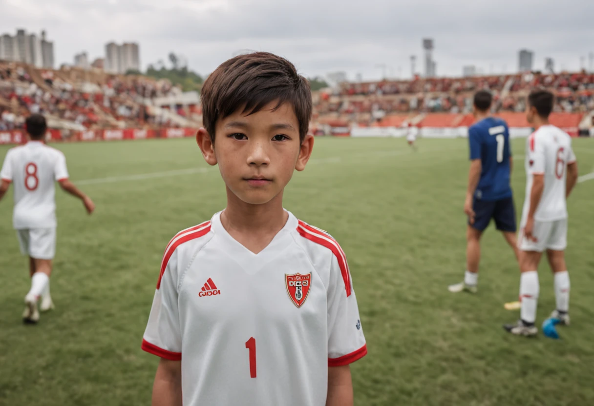 One bit height is 1.A 12-year-old Chinese boy of 75 meters,Wearing the number 7 shirt of the Portuguese national football team,Wearing the number 7 shirt of the Portuguese national football team,Wearing the number 7 shirt of the Portuguese national football team,Use snapshots to capture the moment when the ager plays the soccer league,Use snapshots to capture the moment when the teen plays the soccer league,Use snapshots to capture the moment when the teenagerys the soccer league,Boy student,The body is compact and sturdy,The background is a distant player and a soccer stadium full of spectators,Sports full-body photos,fully body photo,fully body photo,Photoreality,photore,tmasterpiece,hentail realism,Photoreality,hight contrast,The photorealistic digital art trend is detailed and realistic in Artstation 8k HD HD, A detailed, skin textures, ultra - detailed, realistic skin textures, best qualtiy, 超高分辨率, (真实感:1.4),A detailed, RAW photogr, author:Lee Jeffries Nikon ,D850 film photo,wide wide shot, Rich colors, Ultra-realistic realistic textures, Dramatic lighting,