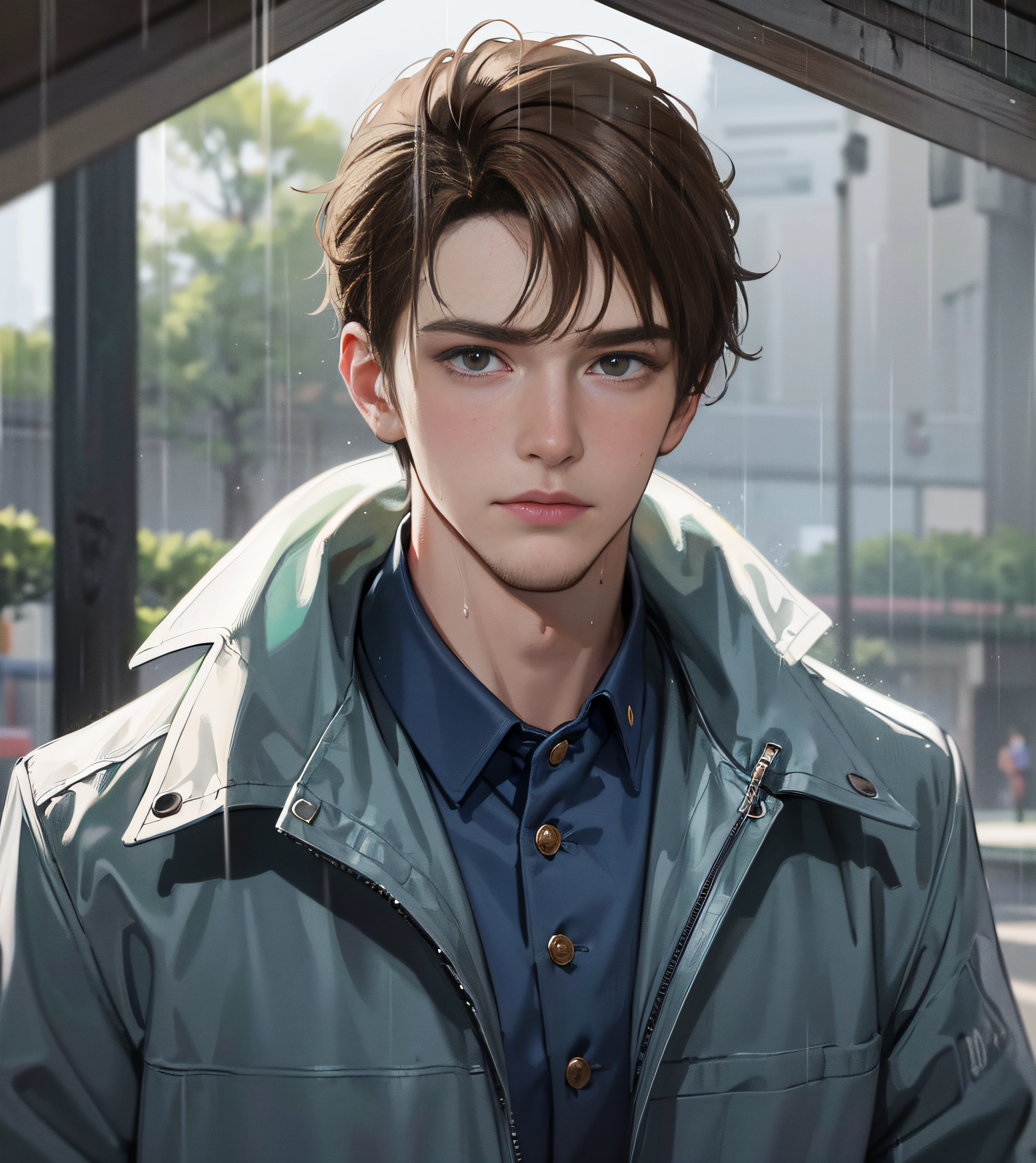 On the plastic track, on the school playground, heavy rain (high resolution, distinct_image) superb man, masterpiece, high detail, semi-realistic, brown short hair man, brown hair, short hair, medium hair, 18 years old, young, tall and strong, blackened coat, gray-blue clothes, students, college, dashing, natural, handsome, authoritarian, powerful aura, exquisite facial features, facial details, man standing on a huge playground, the sky is raining heavily, rain mixed with sweat on the man's body, school playground, The background is on a plastic track