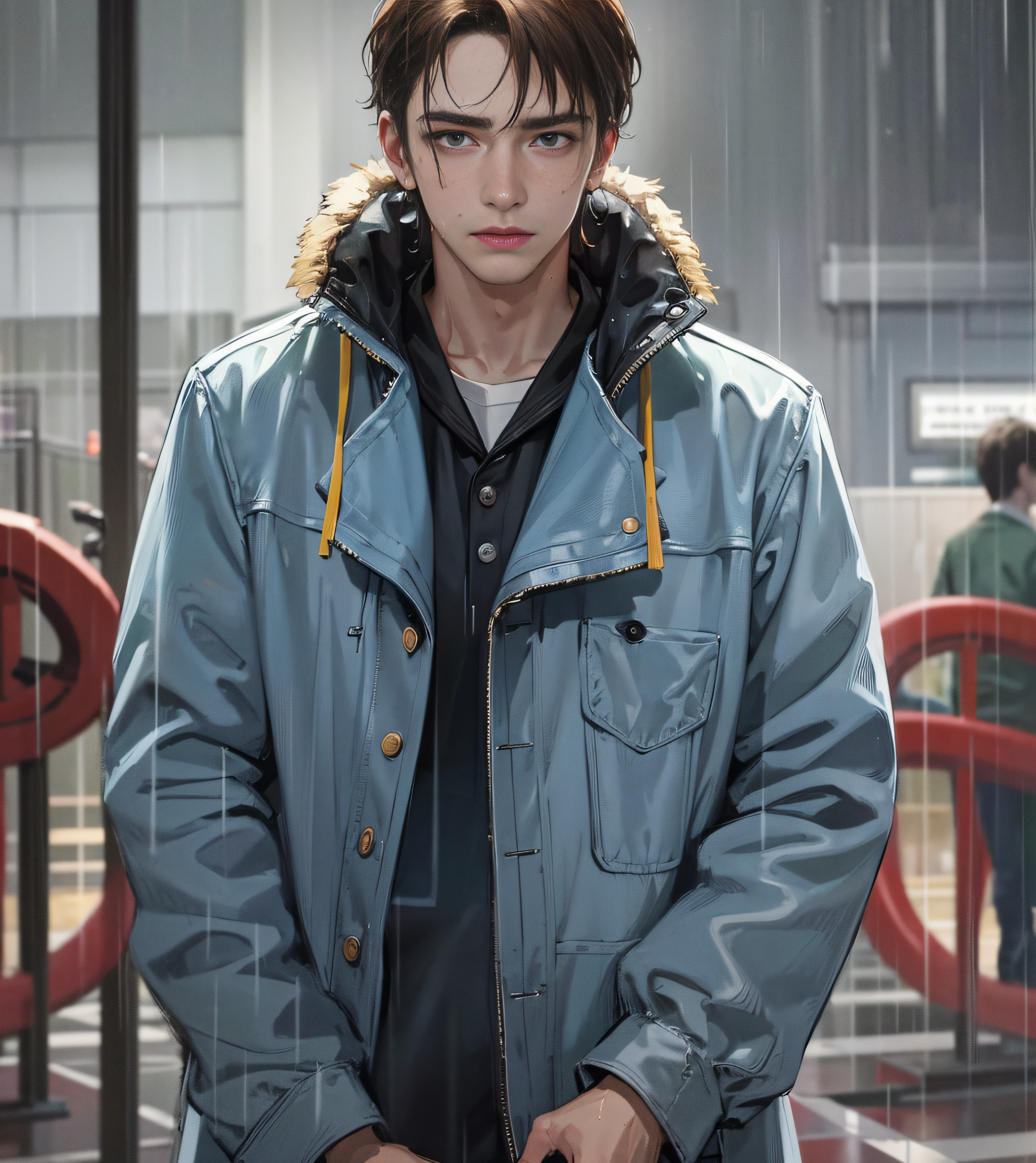 On the plastic track, on the school playground, heavy rain (high resolution, distinct_image) superb man, masterpiece, high detail, semi-realistic, brown short hair man, brown hair, short hair, medium hair, 18 years old, young, tall and strong, blackened coat, gray-blue clothes, students, college, dashing, natural, handsome, authoritarian, powerful aura, exquisite facial features, facial details, man standing on a huge playground, the sky is raining heavily, rain mixed with sweat on the man's body, school playground, The background is on a plastic track