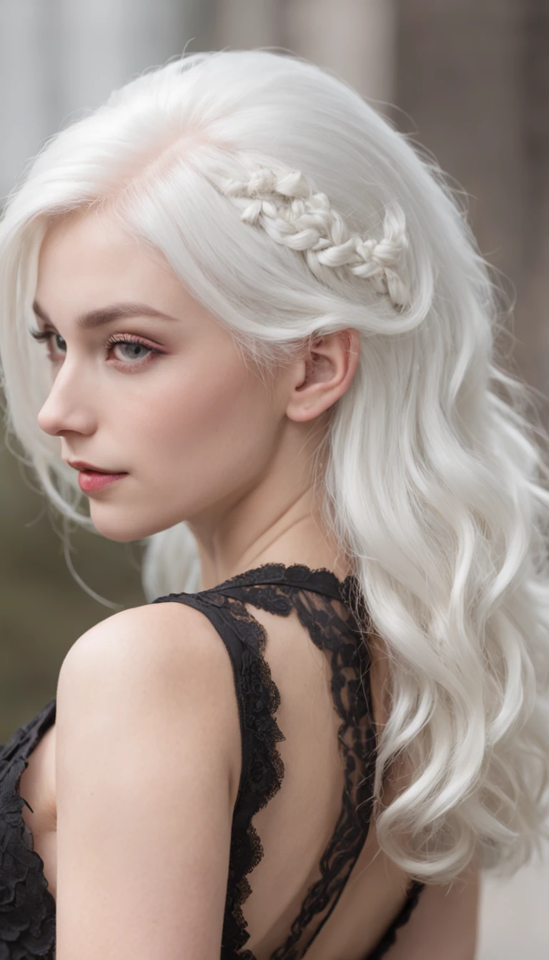 White hair wearing black dress girl back