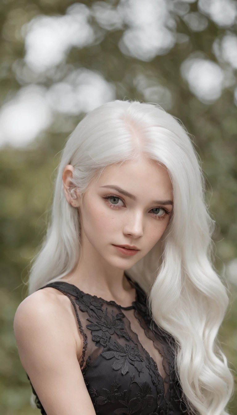 White hair wearing black dress girl back