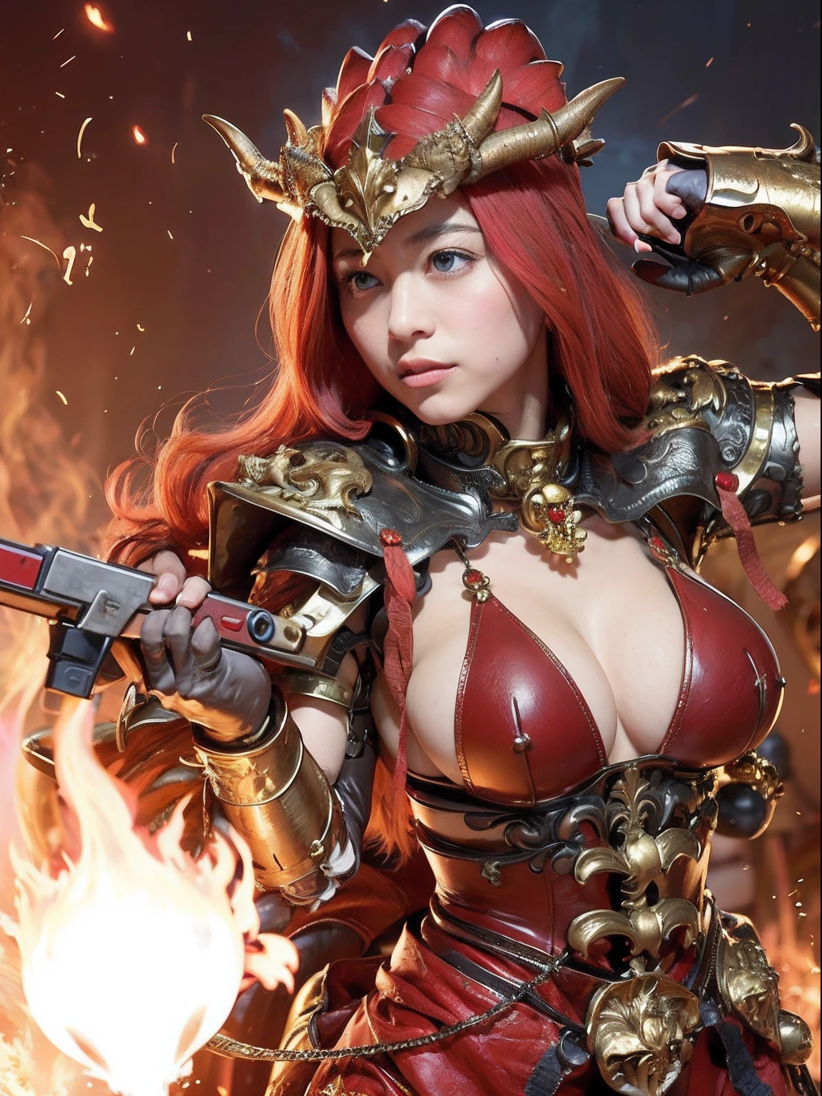 Professional , masterpiece、top-quality、photos realistic , depth of fields 、(Dragon Red Metal Body:1.9),(Matte Red、(cleavage of the breast)、Dragon Gold Weapon、(Red Micro Bikini Armor:1.4),Gorgeous gold weapons ,(( Dragon's dense and gorgeous sword)) , (demonic wings)、((a blond))、(Castle background)、((Gangle's forest background))、Beautiful Caucasian beauty、1a person、dynamic ungle,(((Detailed and ornate dragon helmet)))、Smaller head、A smile、Castle background、Thin and beautiful female hands、cleavage of the breast、Soldier in iron armor on background、Mystical expression、Light Effects、intense fighting、Wind-effect、magic circles、With the legendary magic wand、Dragon's tail、explosions、