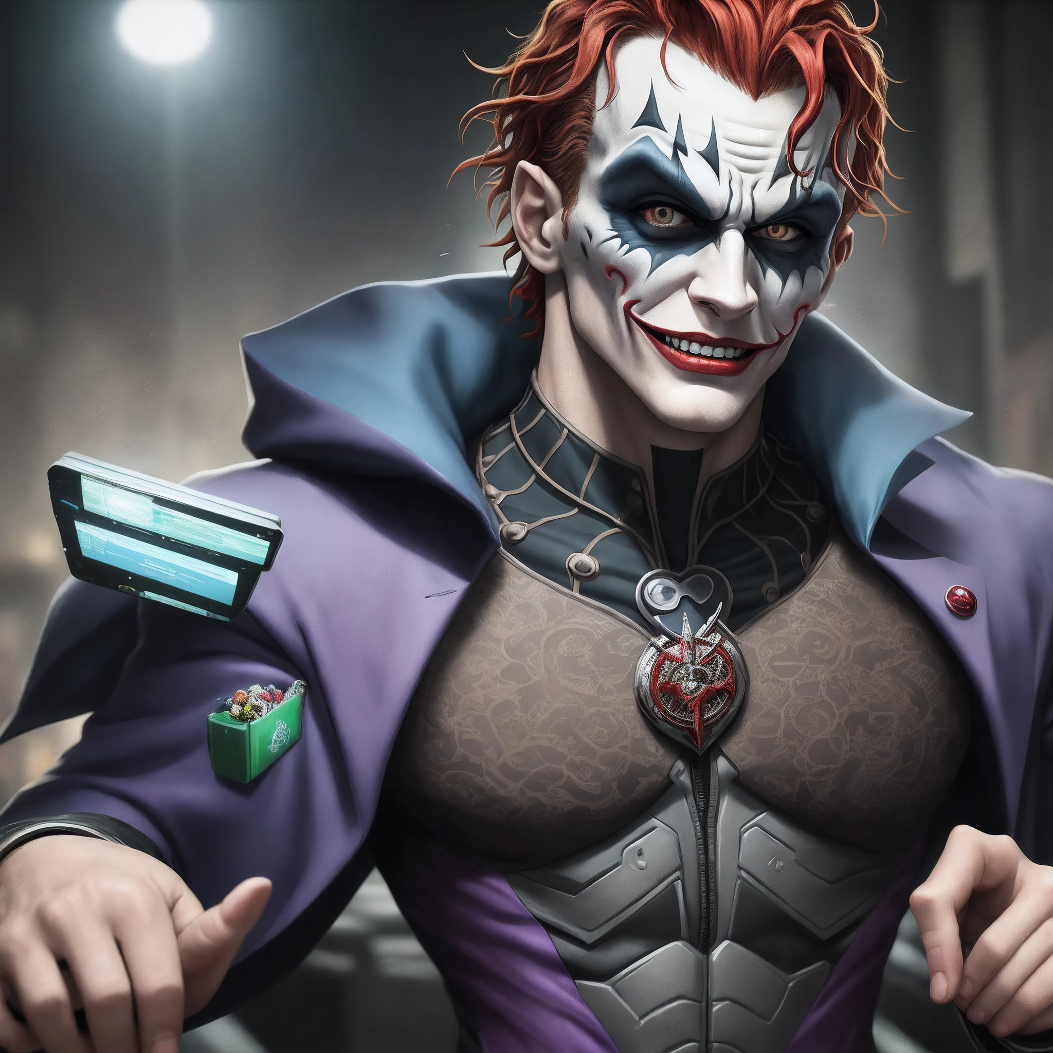 Coringa do filme de terno mechendo no computador