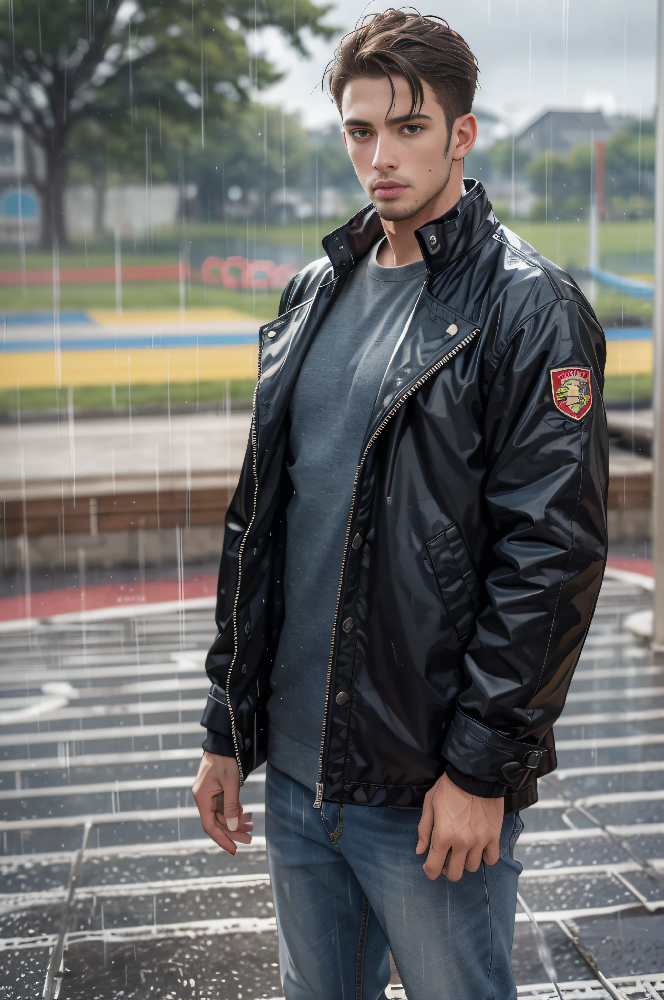On the plastic track, on the school playground, heavy rain (high resolution, distinct_image) superb man, masterpiece, high detail, semi-realistic, brown short hair man, brown hair, short hair, medium hair, 18 years old, young, tall and strong, full body, blackened coat, gray-blue clothes, students, college, dashing, natural, handsome, authoritarian, powerful aura, exquisite facial features, facial details, man standing on a huge playground, the sky is raining heavily, rain mixed with sweat on the man's body, school playground, The background is on a plastic track
