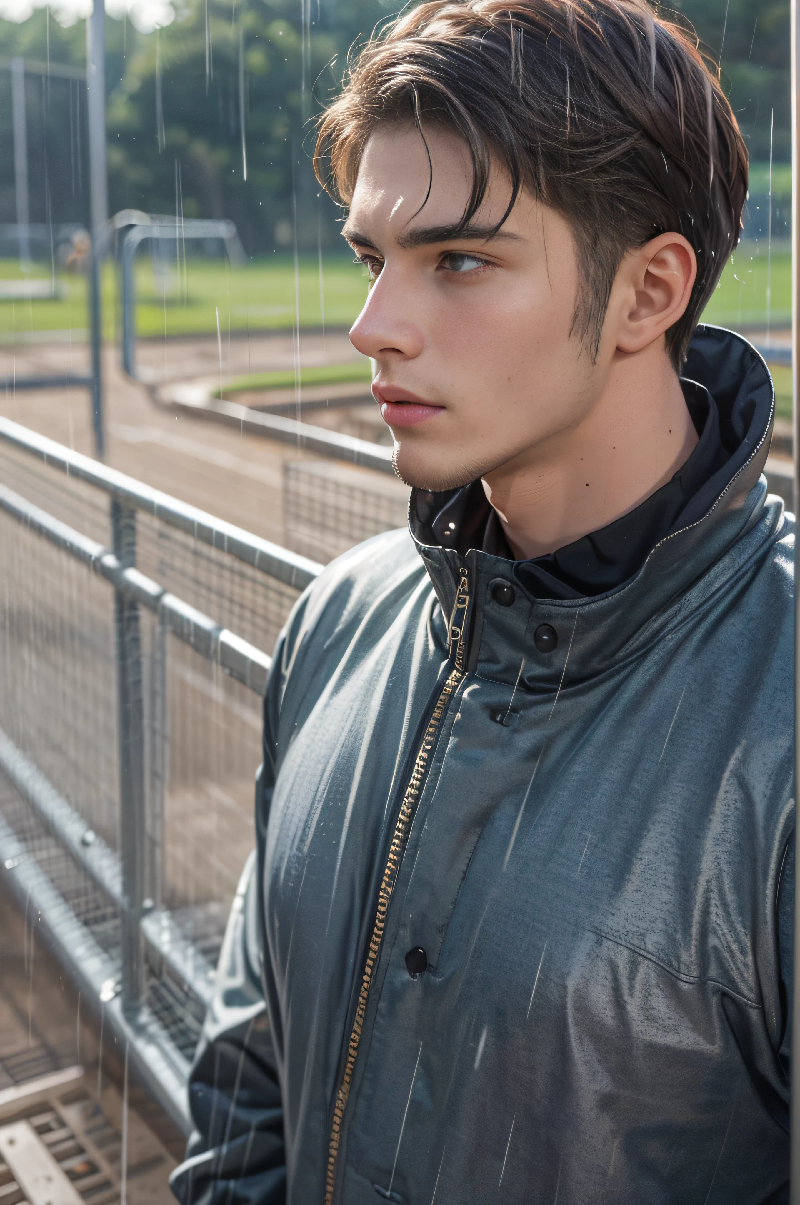 On the plastic track, on the school playground, heavy rain (high resolution, distinct_image) superb man, masterpiece, high detail, semi-realistic, brown short hair man, brown hair, short hair, medium hair, 18 years old, young, tall and strong, full body, blackened coat, gray-blue clothes, students, college, dashing, natural, handsome, authoritarian, powerful aura, exquisite facial features, facial details, man standing on a huge playground, the sky is raining heavily, rain mixed with sweat on the man's body, school playground, The background is on a plastic track