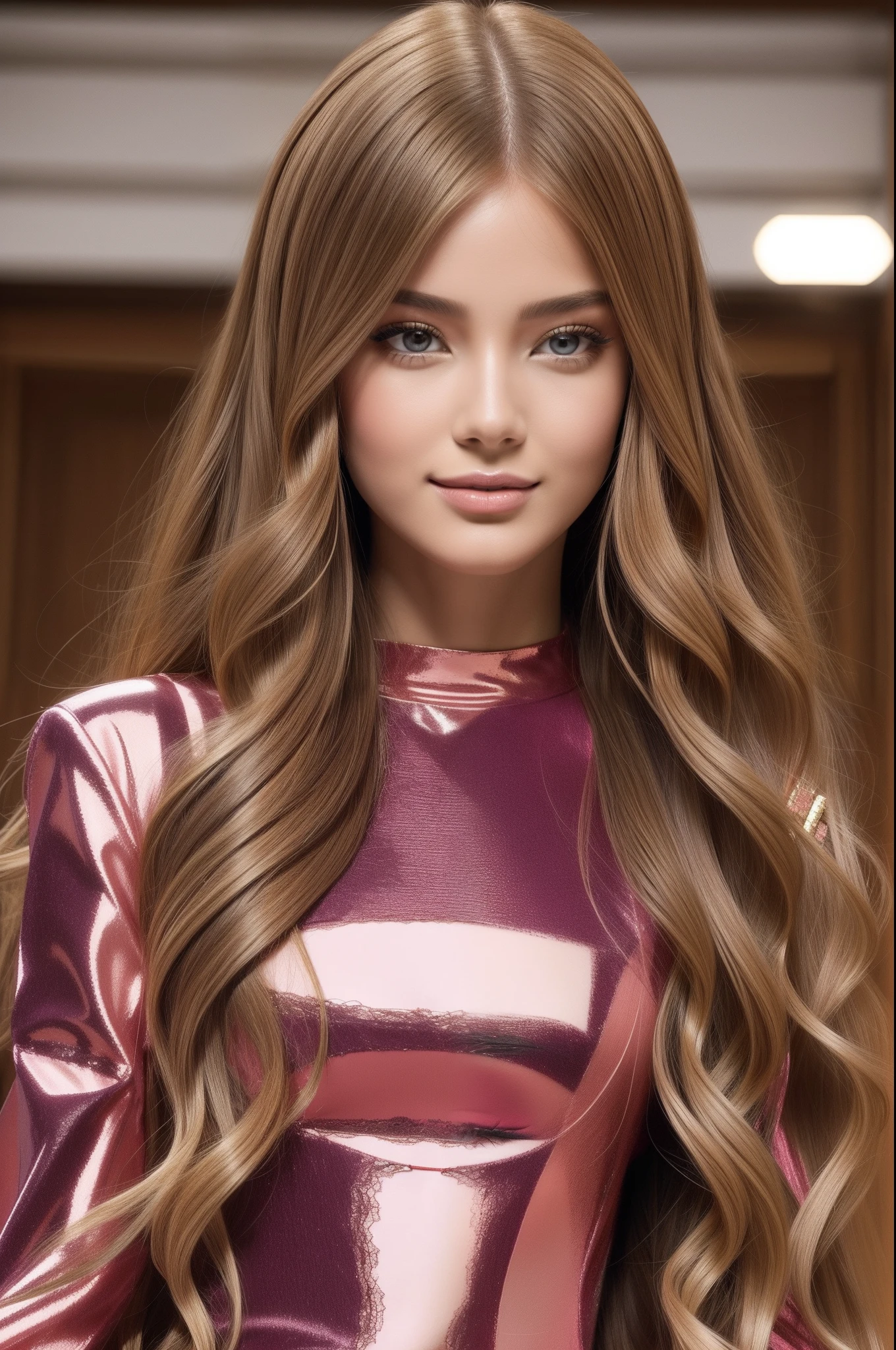 girlvn01, 1girl, smile, Stunningly Beautiful Girl, Haute_Couture, designer dress, wearing Haute_Couture, posing for a picture, fashion show, Long shaped face, dark red eyes, Sandy Blonde side-swept hair, long hair, long ringlets, catwalk \(walkway\), , colorful, vivid colors, masterpiece, best quality, absurdres, highest quality, amazing details, 8k, aesthetic,