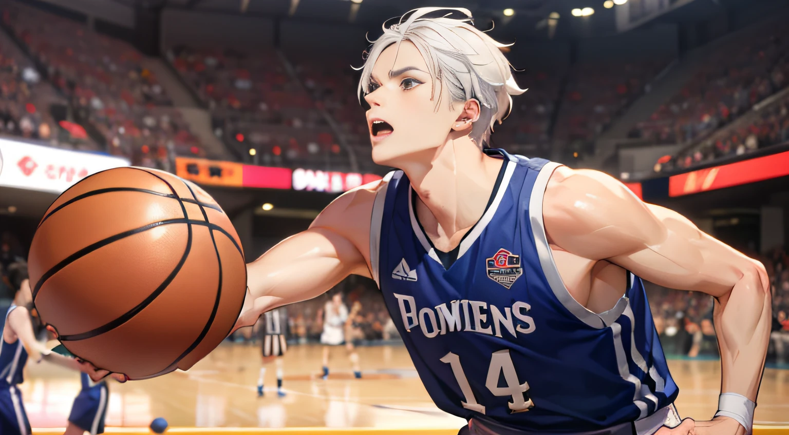 (4K, Best picture quality, A high resolution:1.1), (Masterpiece:1.1),Basketball courtside,boy,A basketball student,Point your finger at your head,Tall,musculous,Basketball jersey,white color hair,,Clear facial expression details,earnestly