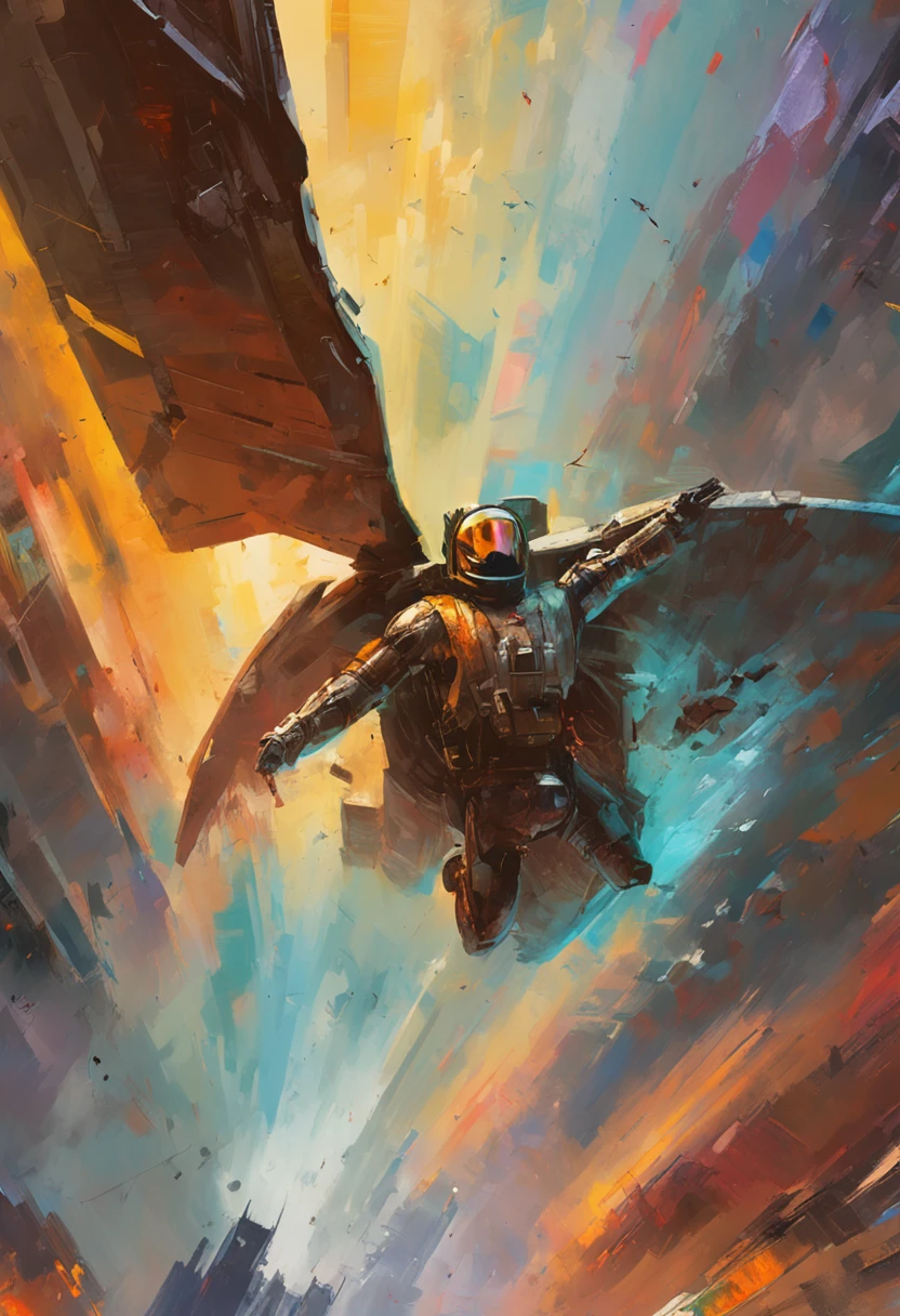 {Best quality}, {{Masterpiece}}, {A high resolution}, Original, Extremely detailed 8k wallpaper,A man rides on a giant missile,little wings, Fly in the sky, mistic, Science fiction writer style, Adventure, megacity, The future city of Lex Luthor, liang, Grasp