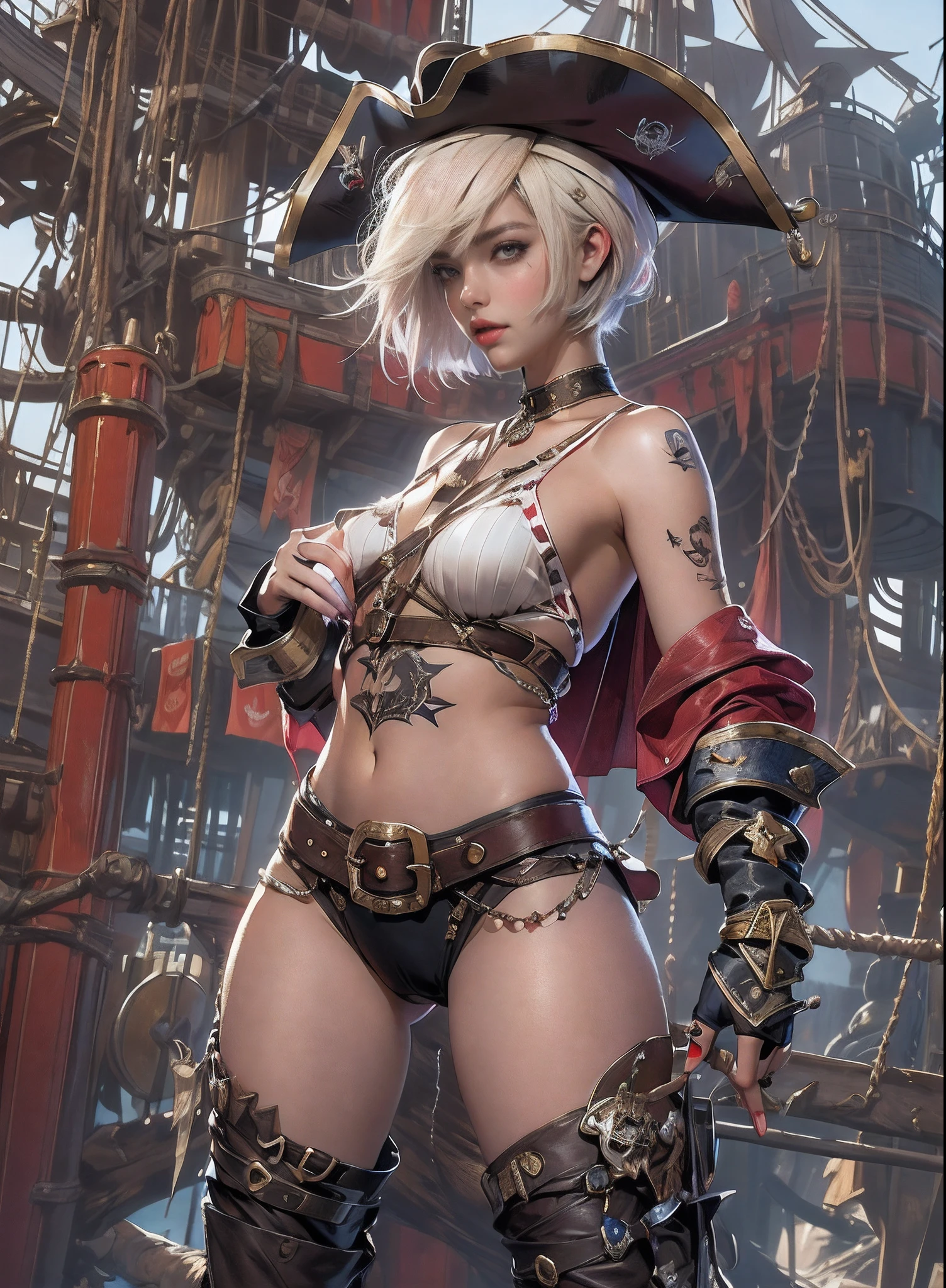(((of the highest quality: 1.4))),(unparalleled masterpiece ever), (Ultra high definition),(Ultra-realistic 8K CG), (((adult body))), (((1girl in))), ((( Bob Shorthair ))), 25-year-old pirate with a perfect body, Pirate hat with metal spines,Beautiful and well-groomed face, Image from head to thigh,(( White blonde bob shorthair )), Small leather panties,pirate clothing, Simon Bisley's urban savage style,, Minimum clothing, Metal protection on the left arm with complex graphics, Dark red with white stars and blue and white stripes, s Armor, Poison tattoo (((Image from the knee up))), The hair, pirate ship background