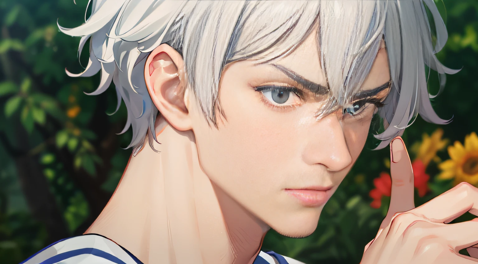(4K, Best picture quality, A high resolution:1.1), (Masterpiece:1.1)，In school，mtu，A basketball student，Tough guy image，Point your finger at your head，Tough facial curves，white color hair，，Clear facial expression details，earnestly