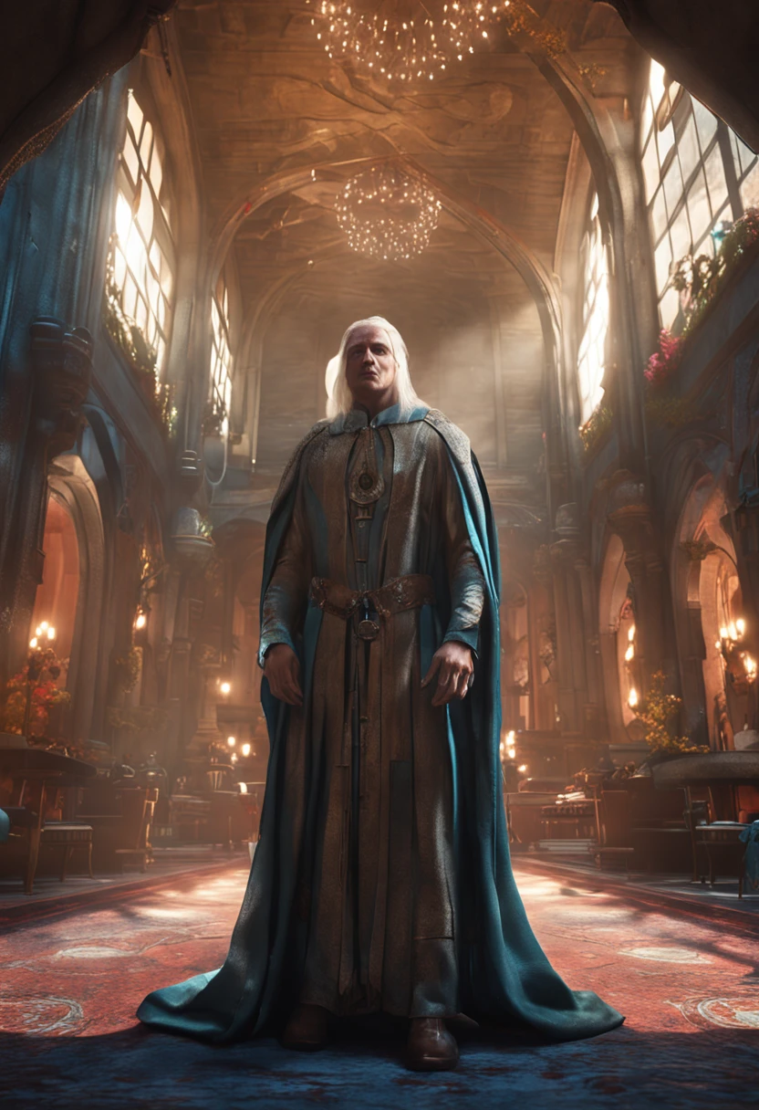Ultra-realistic character A blonde priest,The wings spread out in a shady environment,smooggy