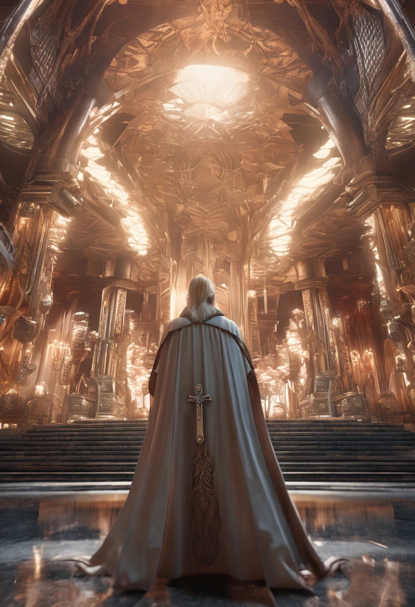 Ultra-realistic character A blonde priest,The wings spread out in a shady environment,smooggy