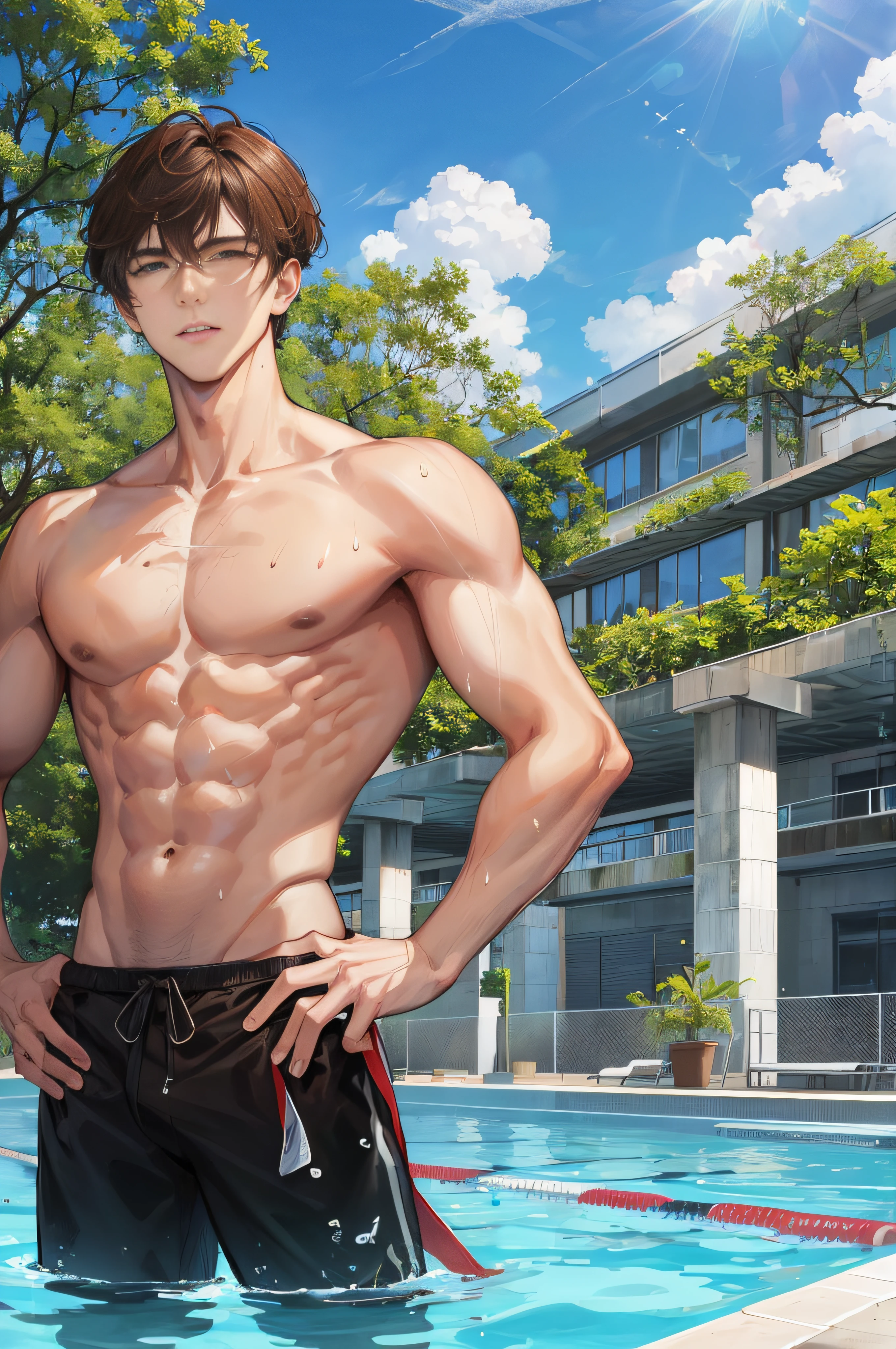 On the school outdoor swimming pool, sunny day, man one hand on waist, (high resolution, distinct_image) superb man, masterpiece, high detail, semi-realistic, brown short hair man, brown hair, short hair, medium hair, 18 years old, young, tall and strong, shirtless, gray-blue swimming trunk, students, college, , dashing, natural, handsome, authoritarian, powerful aura, exquisite facial features, facial details, man standing, sun ray mixed with sweat on the man's body, On the school swimming pool, the background is on a plastic track