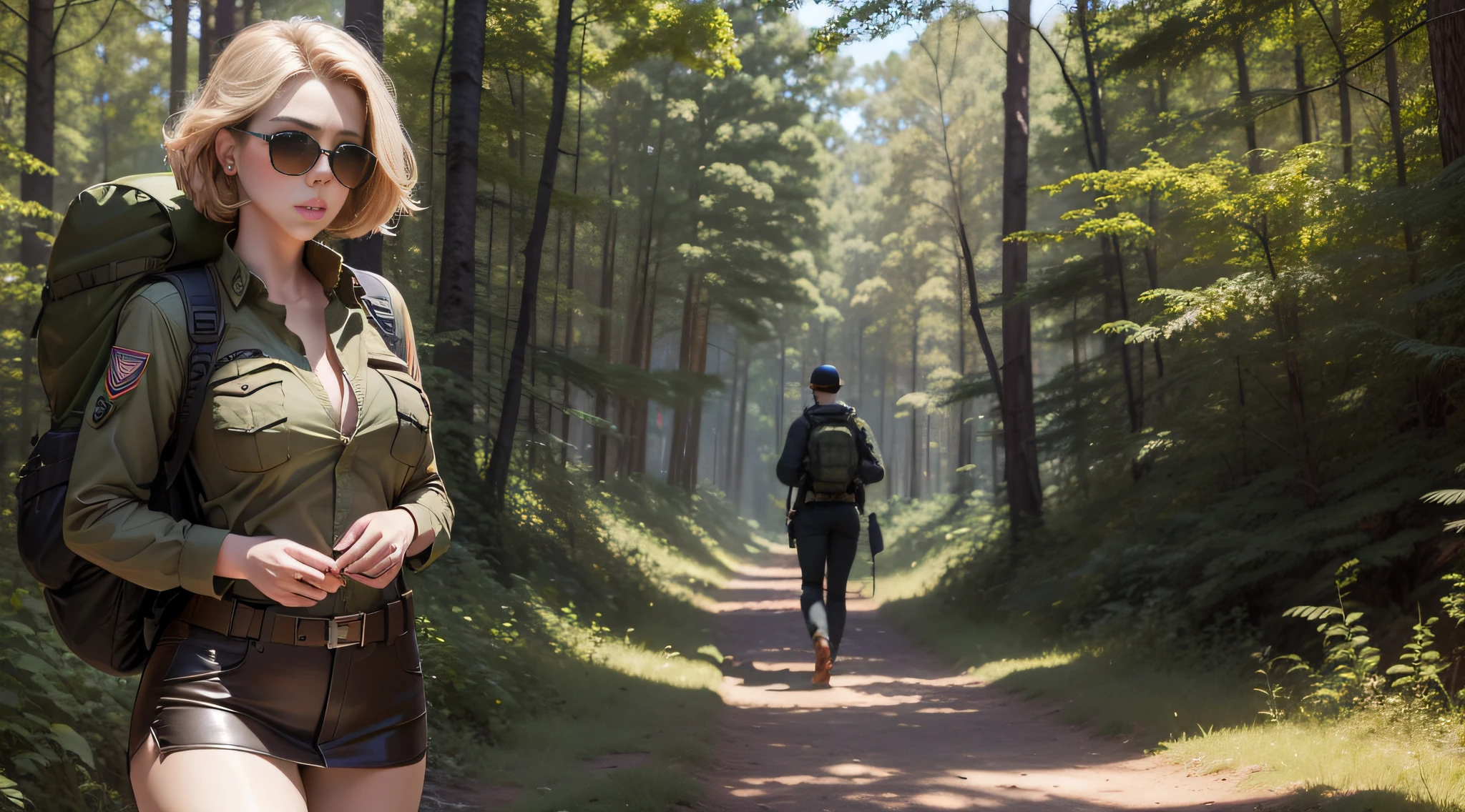 high quality photograph, Scarlett Johansson sexy and seductive in military-style clothes, Sunglasses, Backpack on the back, One in the middle of the forest, in full height, Sunny day