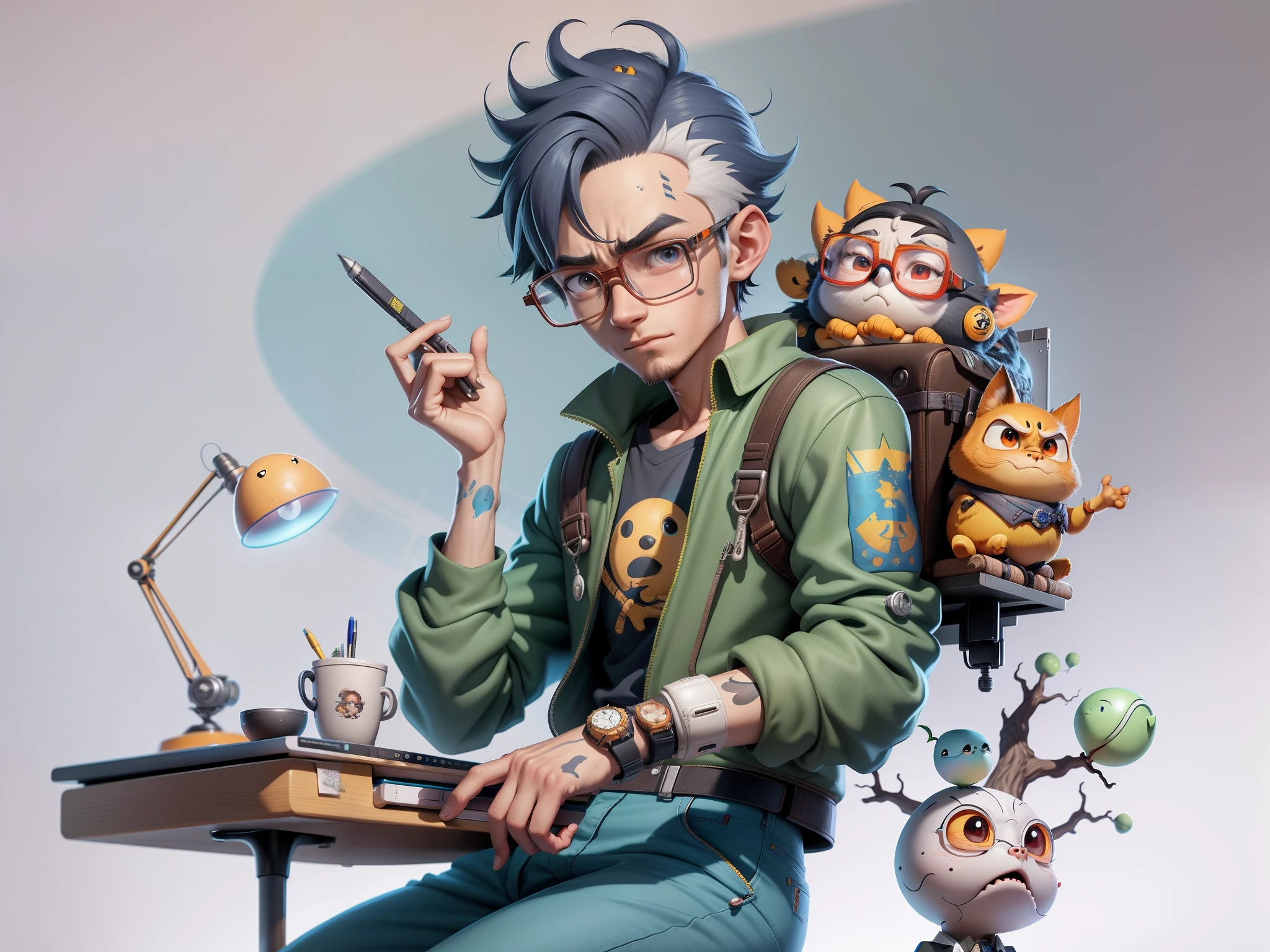 A young man with glasses sits at his desk,holding laptop,digitial painting,3D character design by Mark Clairen and Pixar and Hayao Miyazaki and Akira Toriyama,4K HD illustration,Very detailed facial features and cartoon-style visuals。