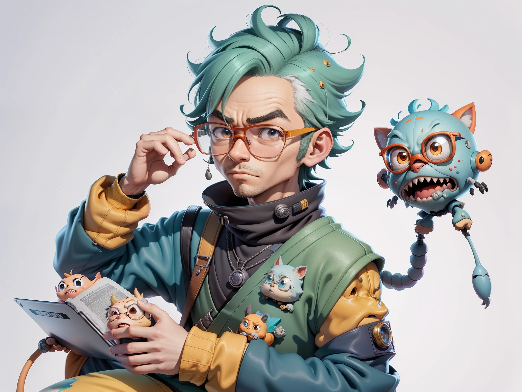 A young man with glasses sits at his desk，holding laptop，digitial painting，3D character design by Mark Clairen and Pixar and Hayao Miyazaki and Akira Toriyama，4K HD illustration，Very detailed facial features and cartoon-style visuals。