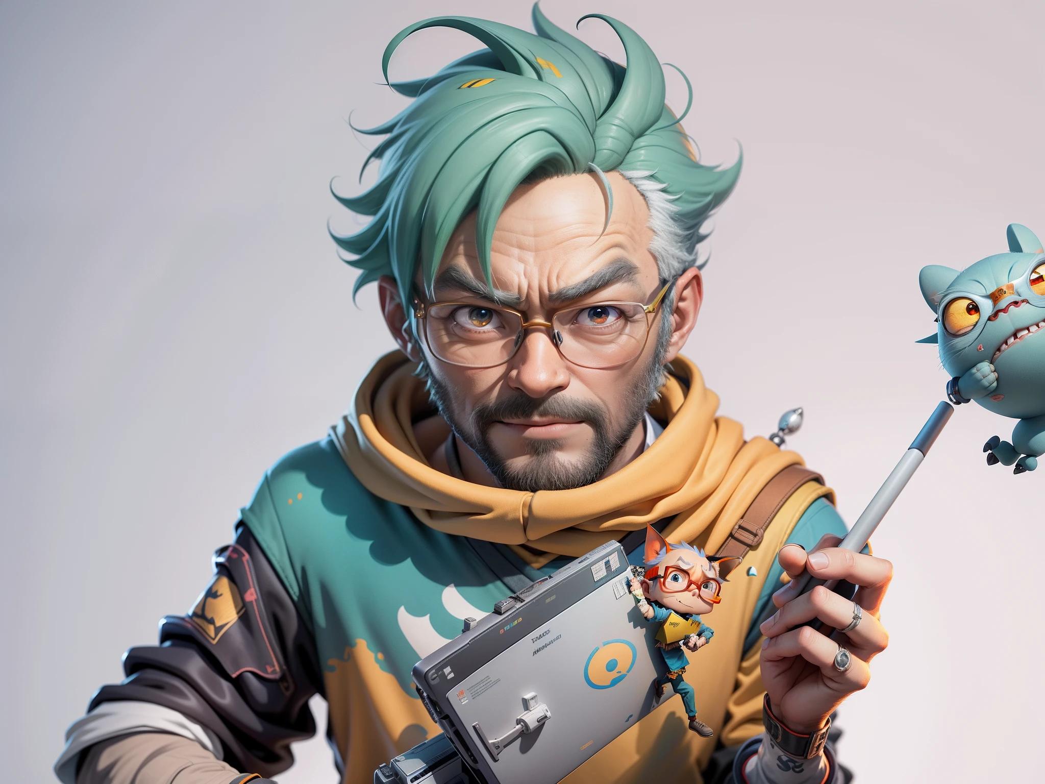 A young man with glasses sits at his desk,holding laptop,digitial painting,3D character design by Mark Clairen and Pixar and Hayao Miyazaki and Akira Toriyama,4K HD illustration,Very detailed facial features and cartoon-style visuals。