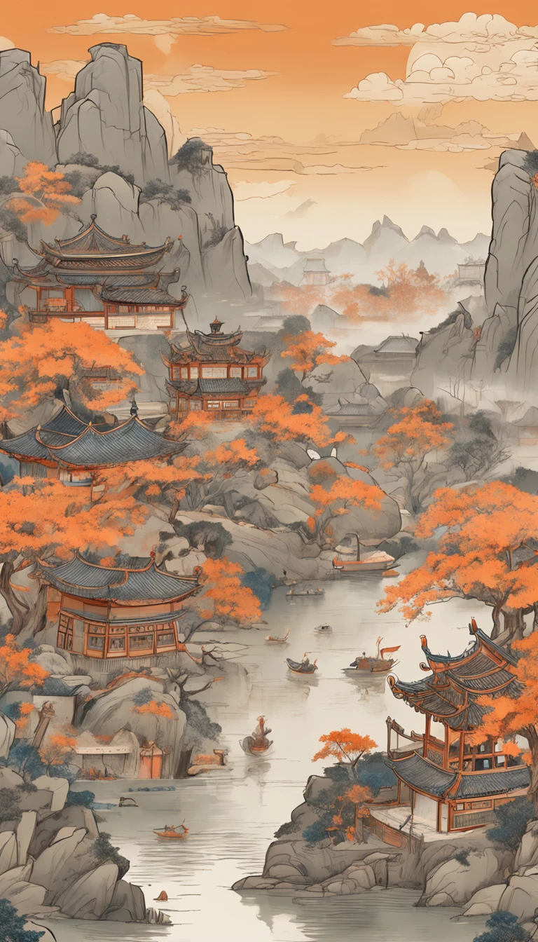 chinese wall painting with a village scene hanging on it, in the style of light orange and light gray, layered landscapes, japanese-inspired art, monumental murals, ricoh ff-9d, golden age aesthetics, exotic landscapes