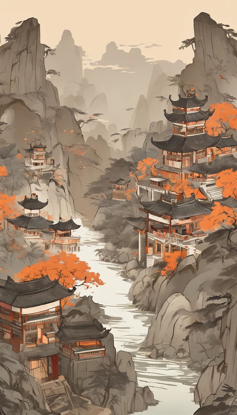 An idyllic Chinese mural, Light orange and light gray style, Layered landscape, japanese style art, monumental murals, Ricoh FF-9D, Golden Age aesthetics, Exotic landscape