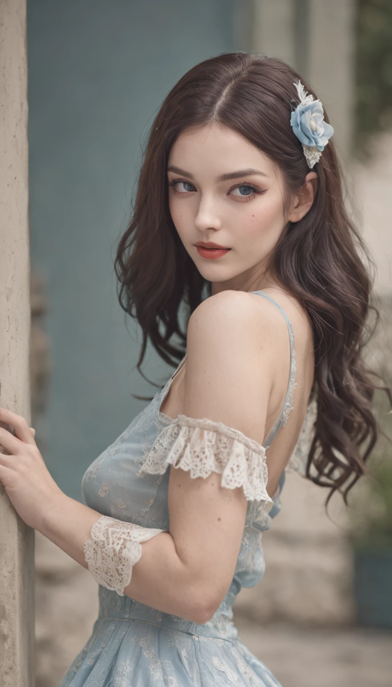 (tmasterpiece, high detal, absurderes, photo RAW), 1 pinup, full bodyesbian, Blue long-haired, delicated face, Long eyelashes, pervert smirk, In a romantic retro setting, Summer dress, sockes, High jump