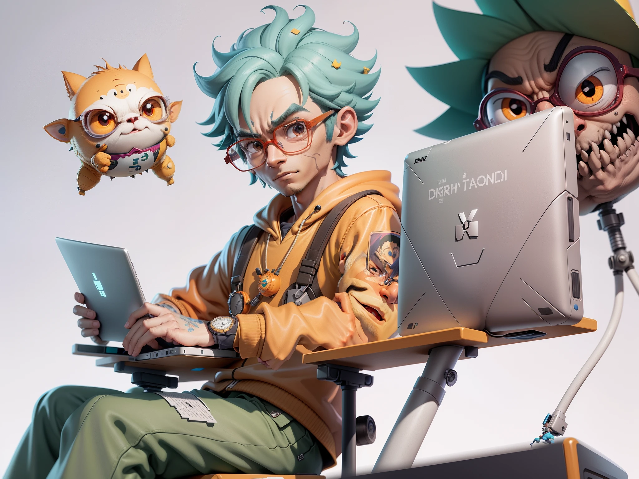 A young man with glasses sits at his desk,holding laptop,digitial painting,3D character design by Mark Clairen and Pixar and Hayao Miyazaki and Akira Toriyama,4K HD illustration,Very detailed facial features and cartoon-style visuals。