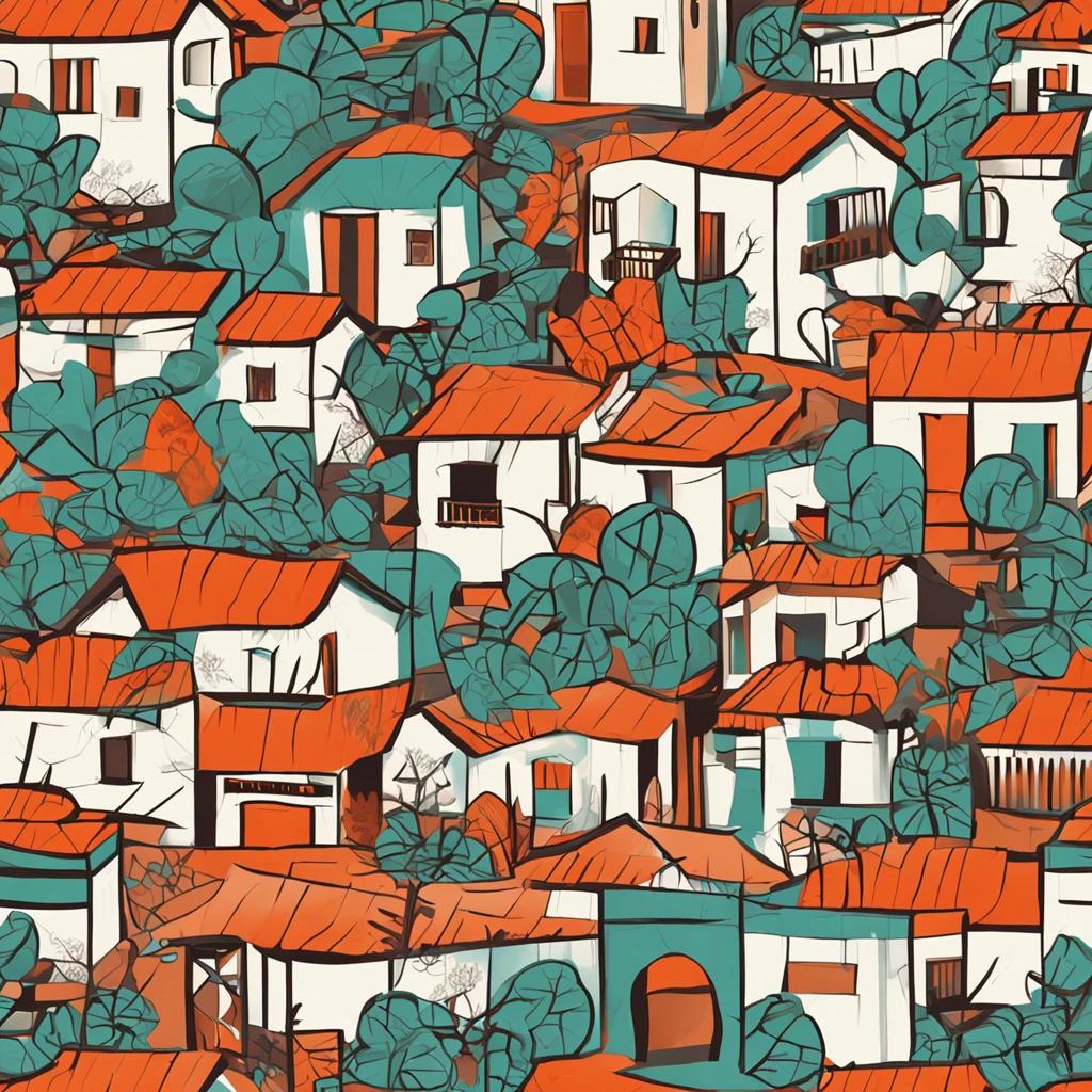 simple line，fruit trees，Chinese tiled houses，white backgrounid，abstracted，No color block