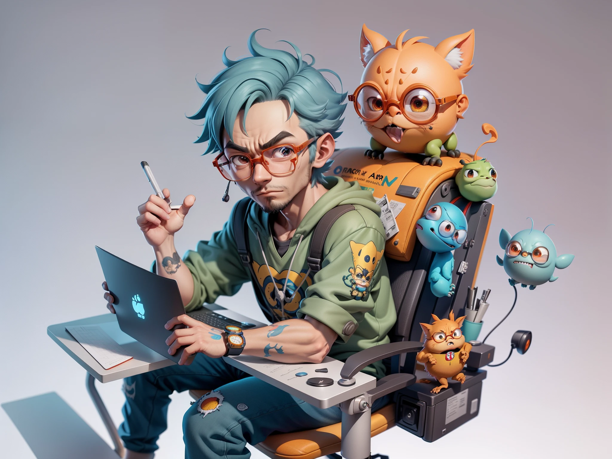 A young man with glasses sits at his desk,holding laptop,digitial painting,3D character design by Mark Clairen and Pixar and Hayao Miyazaki and Akira Toriyama,4K HD illustration,Very detailed facial features and cartoon-style visuals。