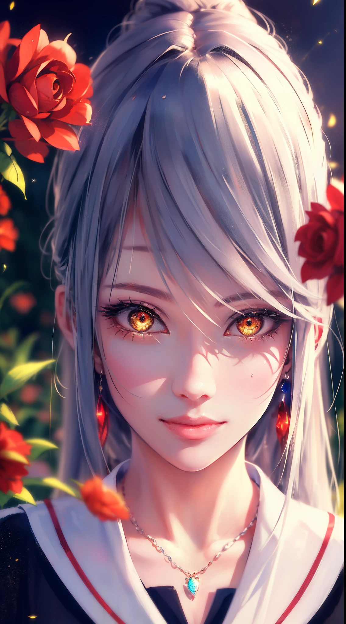 Garden covered with red roses in the background, Silver hair, front ponytail, eyes reflection, red contact lenses, Pink eyes,Heterochromia, Wear earrings, Blue crystal pendant,Evil smile, shairband,High detail, romanticism lain, Depth of field, Sparkle, Ray tracing, viewfinder, zoom layer, Close-up, Bokeh, Anatomically correct, High details, 1080p, Ultra HD
Woman,High ponytail,a sailor suit,Half out of the water,Get wet,Clothing water pattern detail,The expression is solemn,holding knives,Shiny blade detail depiction,reflective light,
Gorgeous and delicate glowing little butterfly hair ornament,brilliant colorful,Fine engraving,Shine brightly,The attention to detail,The jewelry is of high quality,Extremely high image quality