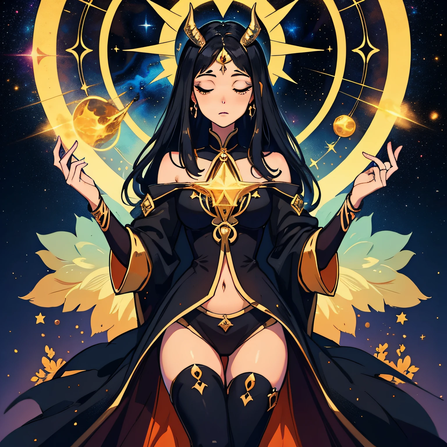 Black Hole goddess sitting in the lotus asana, Space goddess, mystical energy aura,portrait, masterpiece, 8k resolution, warp space background, Caza art, digital art