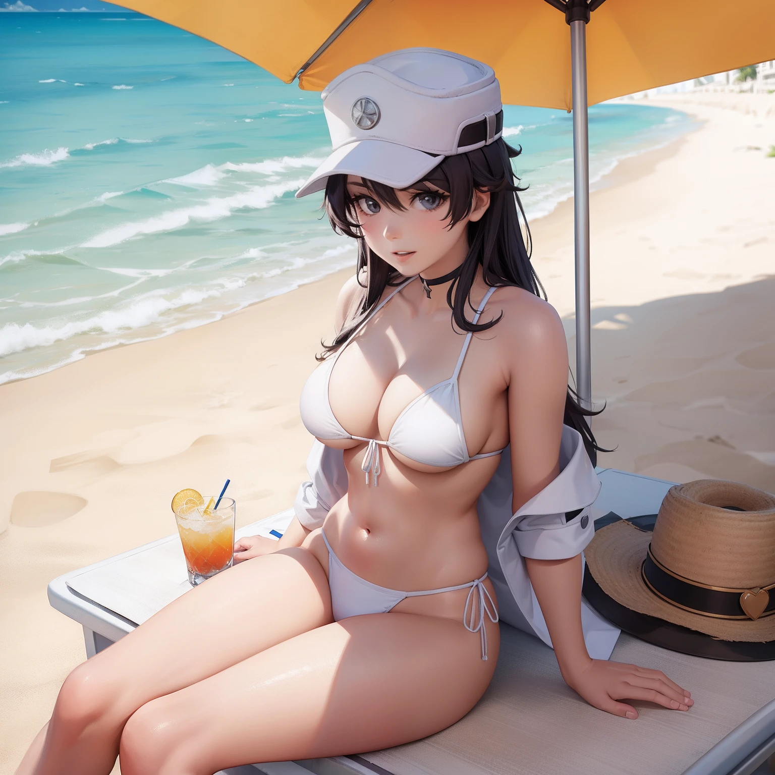 In the beach sitting and wearing white bikini with and drinking cocktail, wearing Quincy hat with the Quincy rope behind her