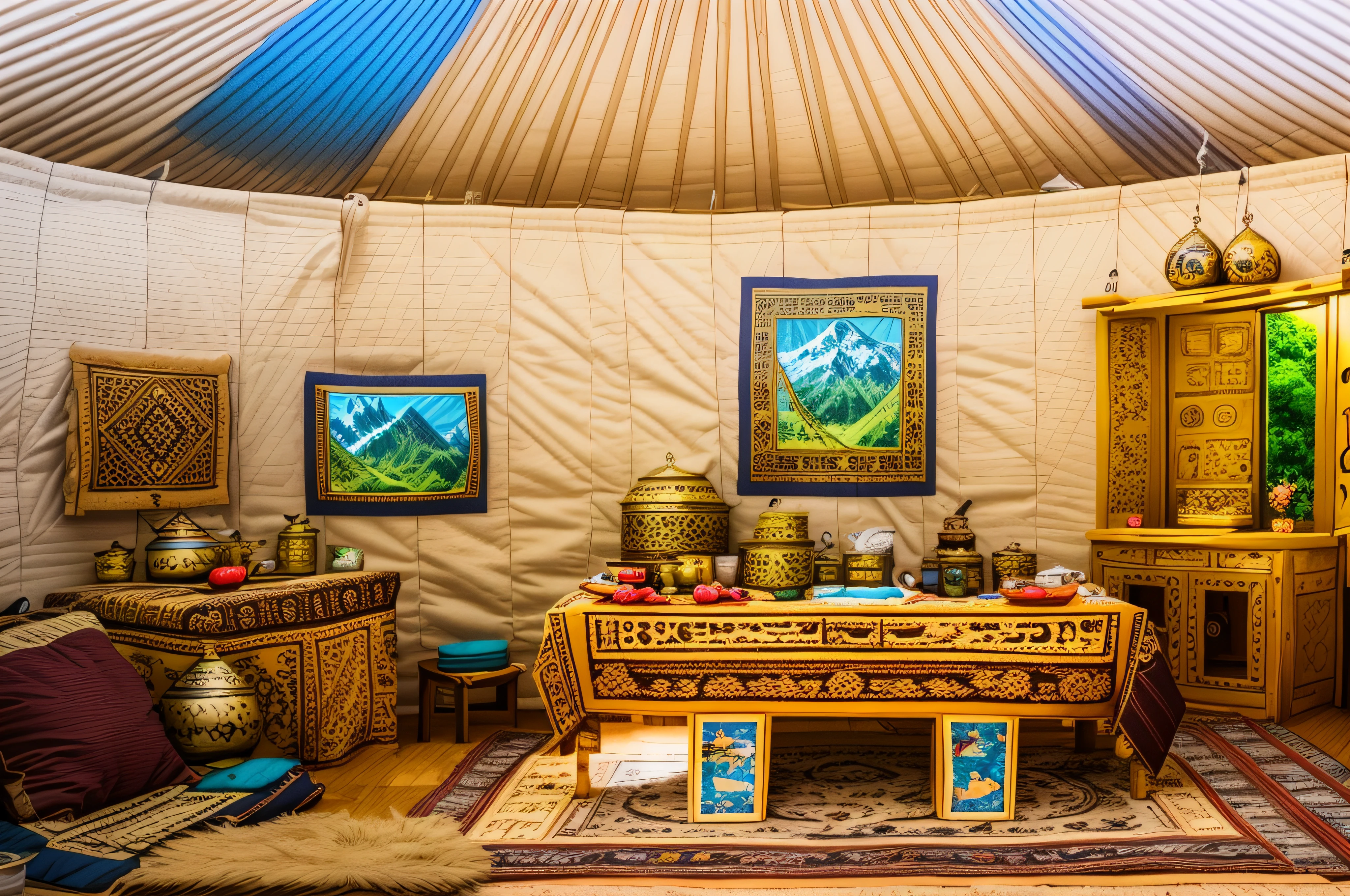 Inside a yurt tent, Tribal yurts, Mongolian architecture, Mongolian costumes, Mongolian ornaments, exclusive,  Ultra-clear photos，4K
