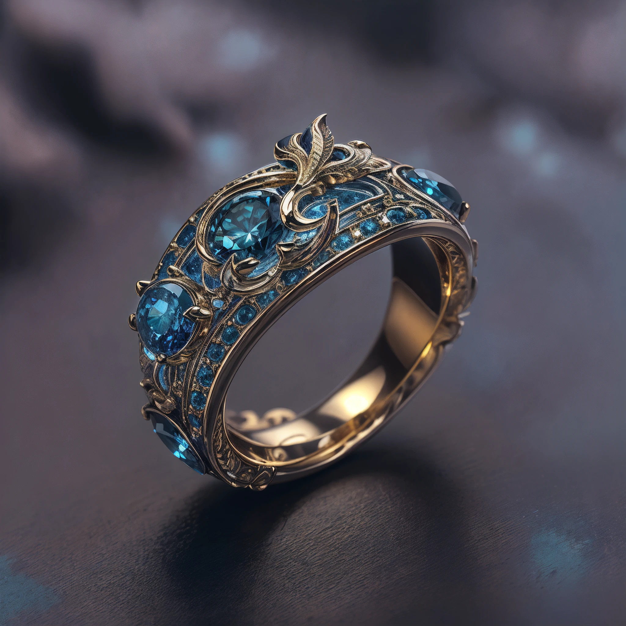 Masterpiece，highest  quality，(Nothing but the ring)，(No Man),Phoenix ring setting，starrysky，Wrapped around the end from beginning to end，Delicate silver ring，Starry sky in the ring,The sheen，inverted image，Sparkling blue-purple gemstones，Elegant and noble，The magic pattern on it emits the light of the Tyndall effect，It shines with a noble blue light，The golden-red tone is filled with dark-style graphics，simple backgound，