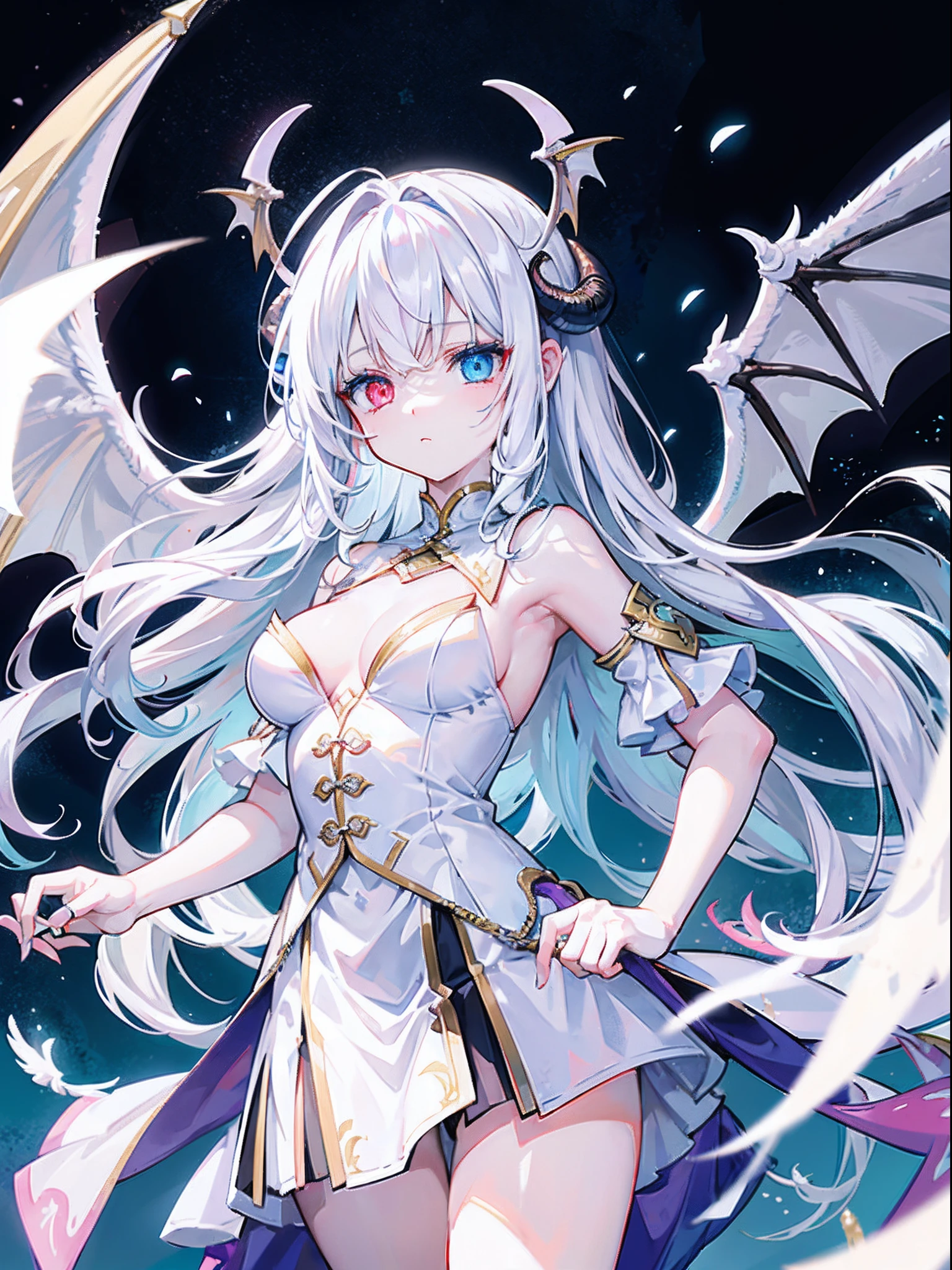 ((Dragon Angel Who Looks Like God))、1 girl in、Heterochromia of the composed eye、White skin all over the body、Hold an angel's metal ring over your head、There are a lot of white holy angel wings and dragon wings。
